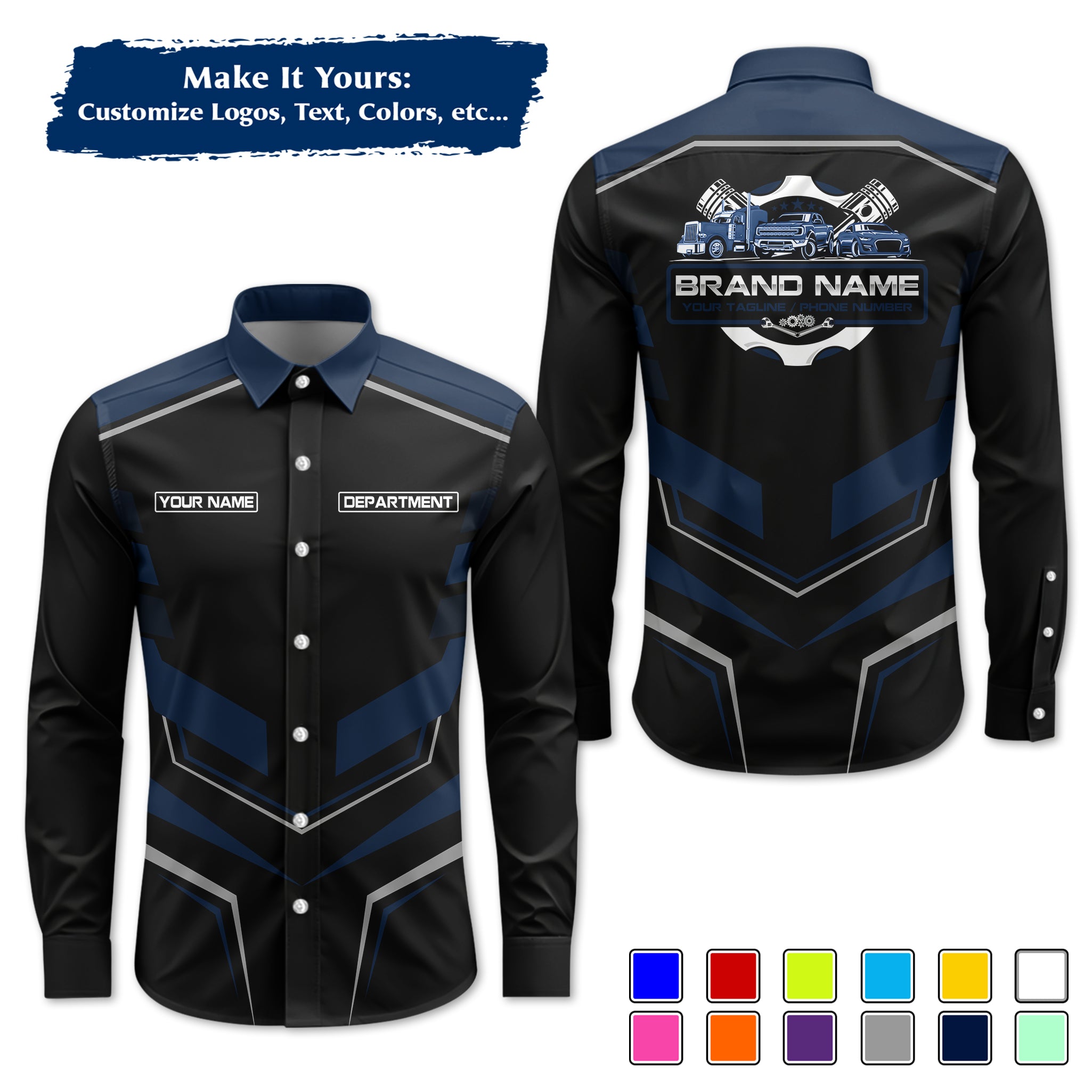 Custom Mechanic Long-Sleeve Work Shirt, Personalized with Your Garage Logo, Name & Phone MCNLS05
