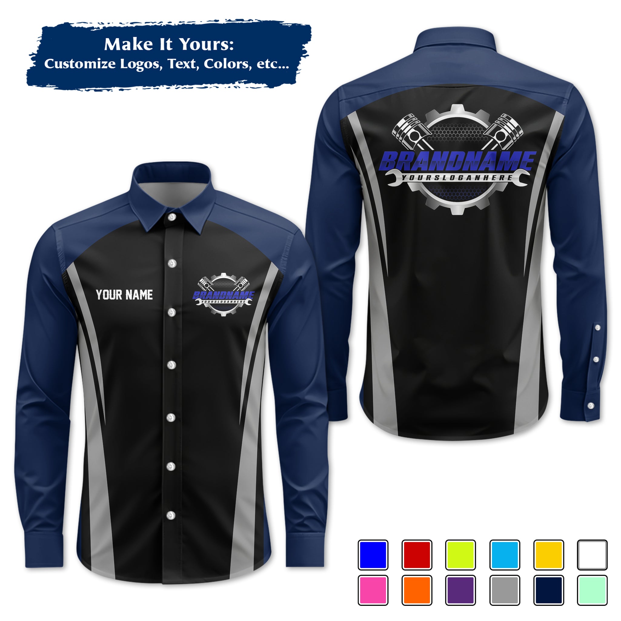 Custom Mechanic Long-Sleeve Work Shirt, Personalized with Your Garage Logo, Name & Phone MCNLS07