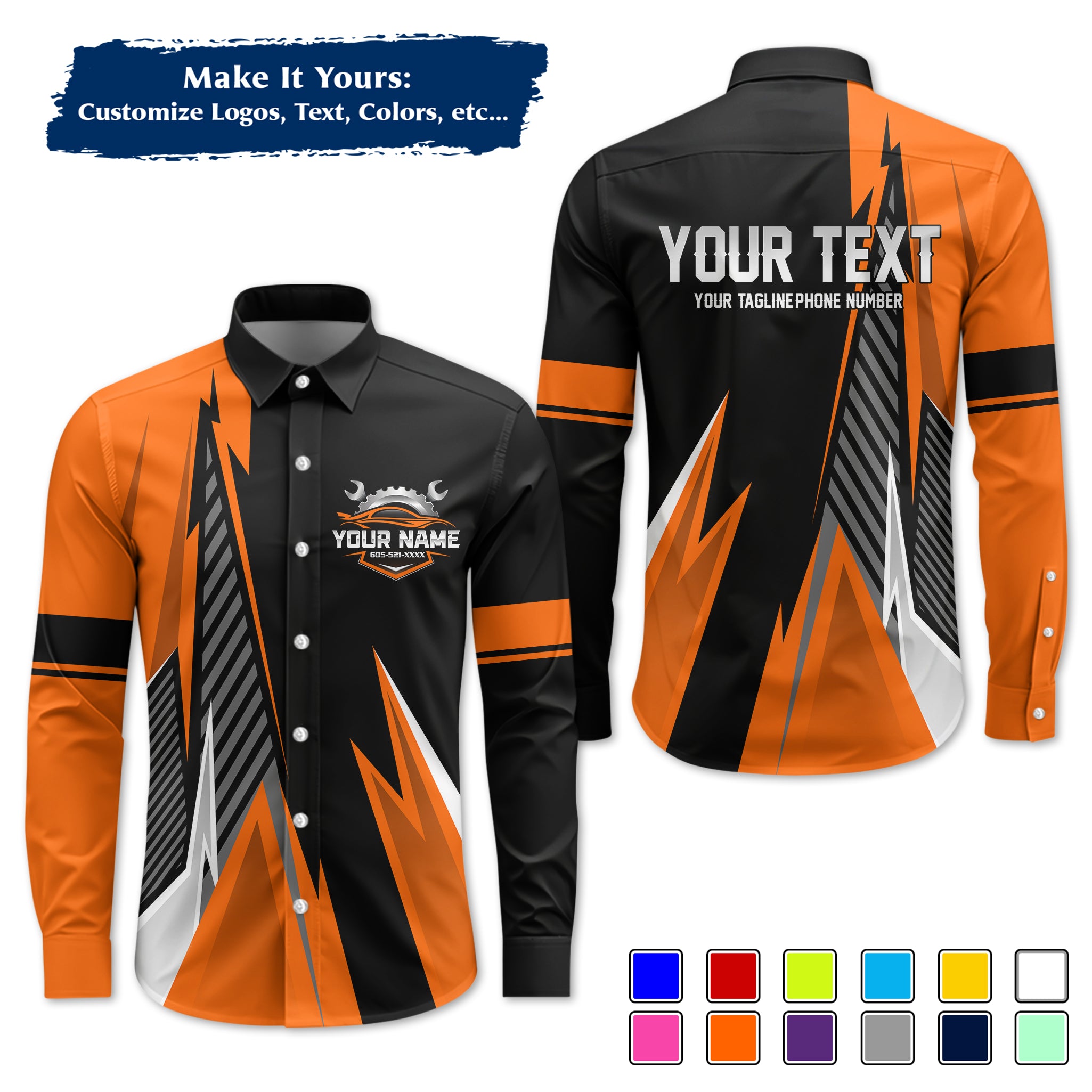 Custom Mechanic Long-Sleeve Work Shirt, Personalized with Your Garage Logo, Name & Phone MCNLS02