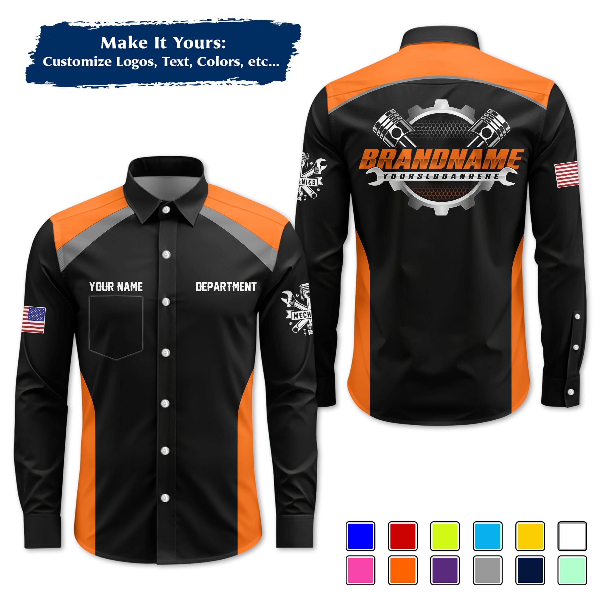 Custom Mechanic Long-Sleeve Work Shirt, Personalized with Your Garage Logo, Name & Phone MCNLS06