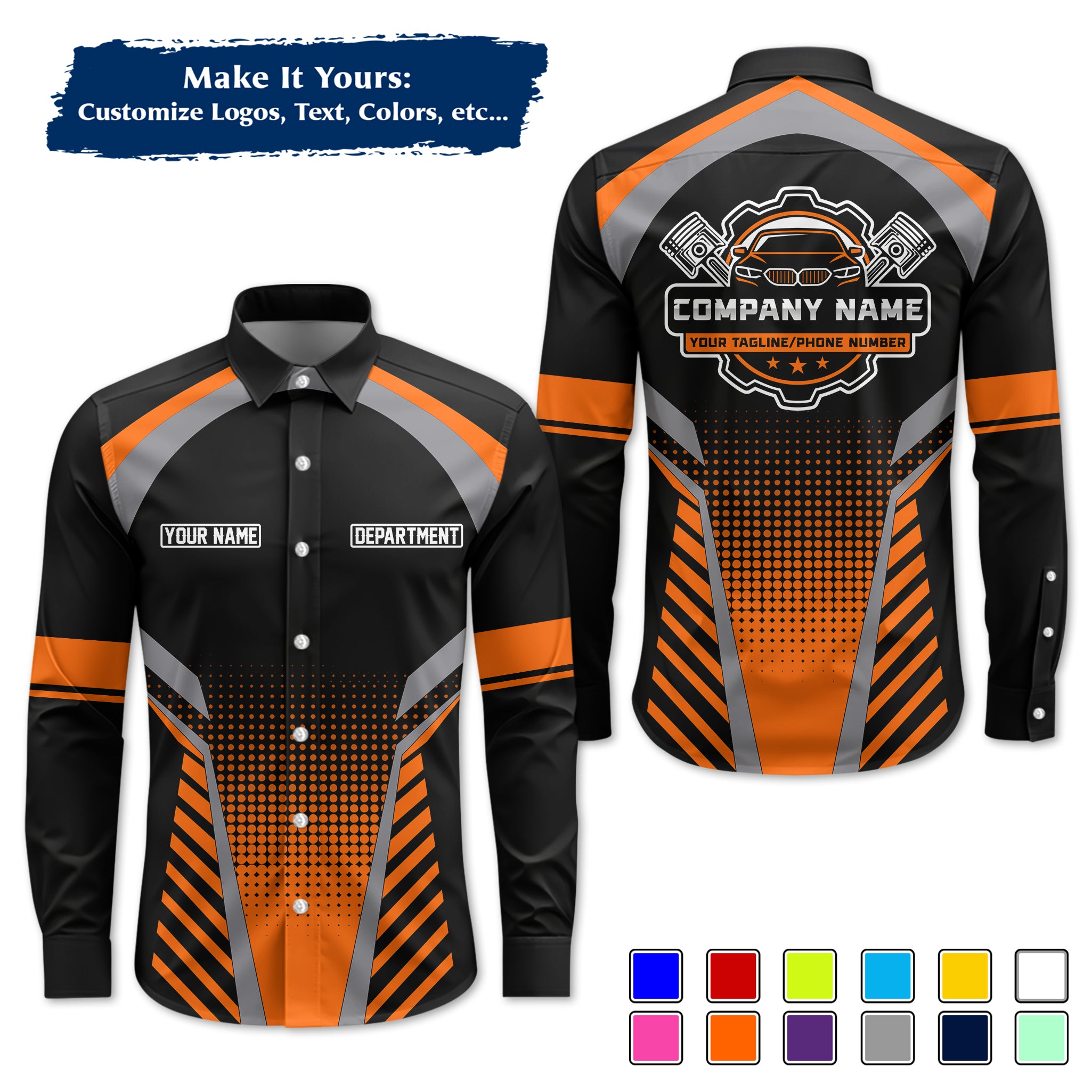 Custom Mechanic Long-Sleeve Work Shirt, Personalized with Your Garage Logo, Name & Phone MCNLS10