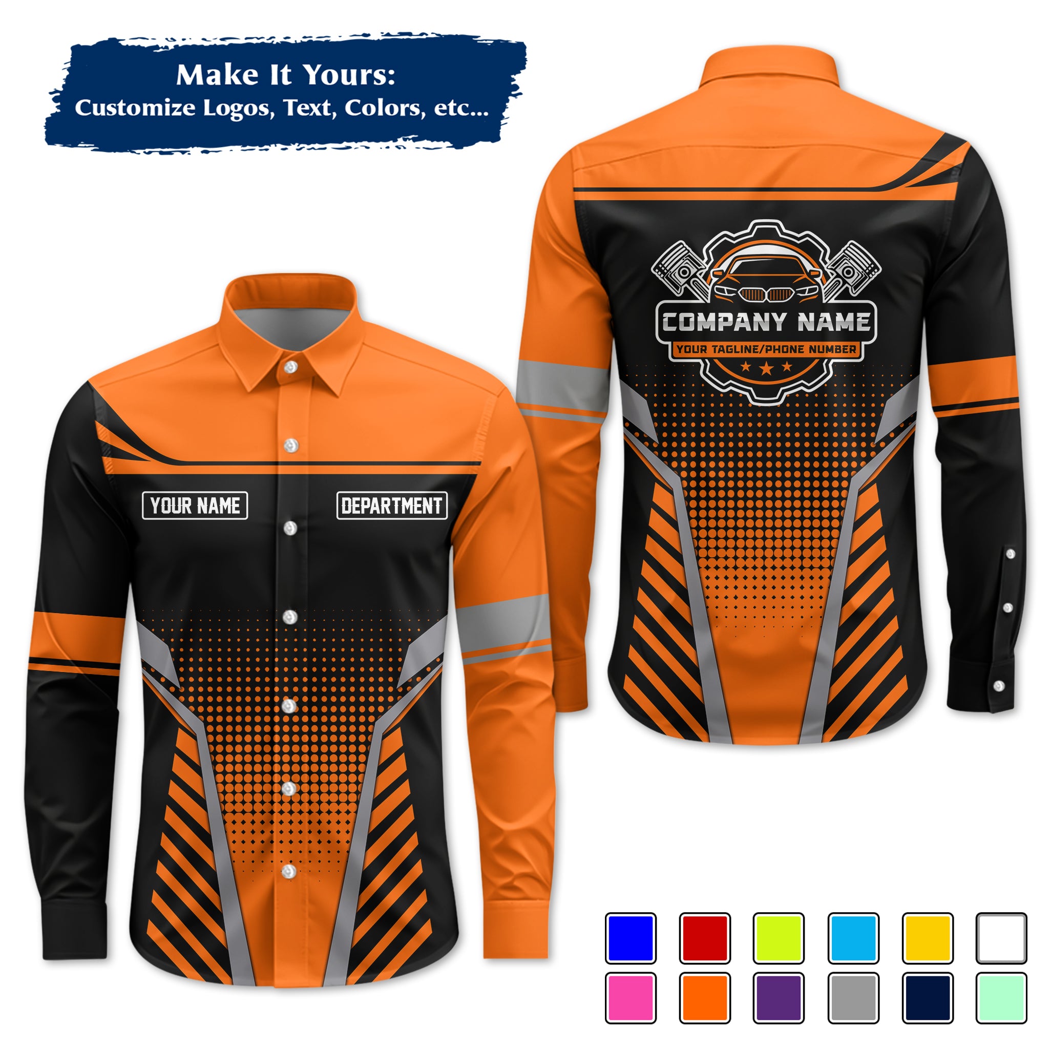 Custom Mechanic Long-Sleeve Work Shirt, Personalized with Your Garage Logo, Name & Phone MCNLS08