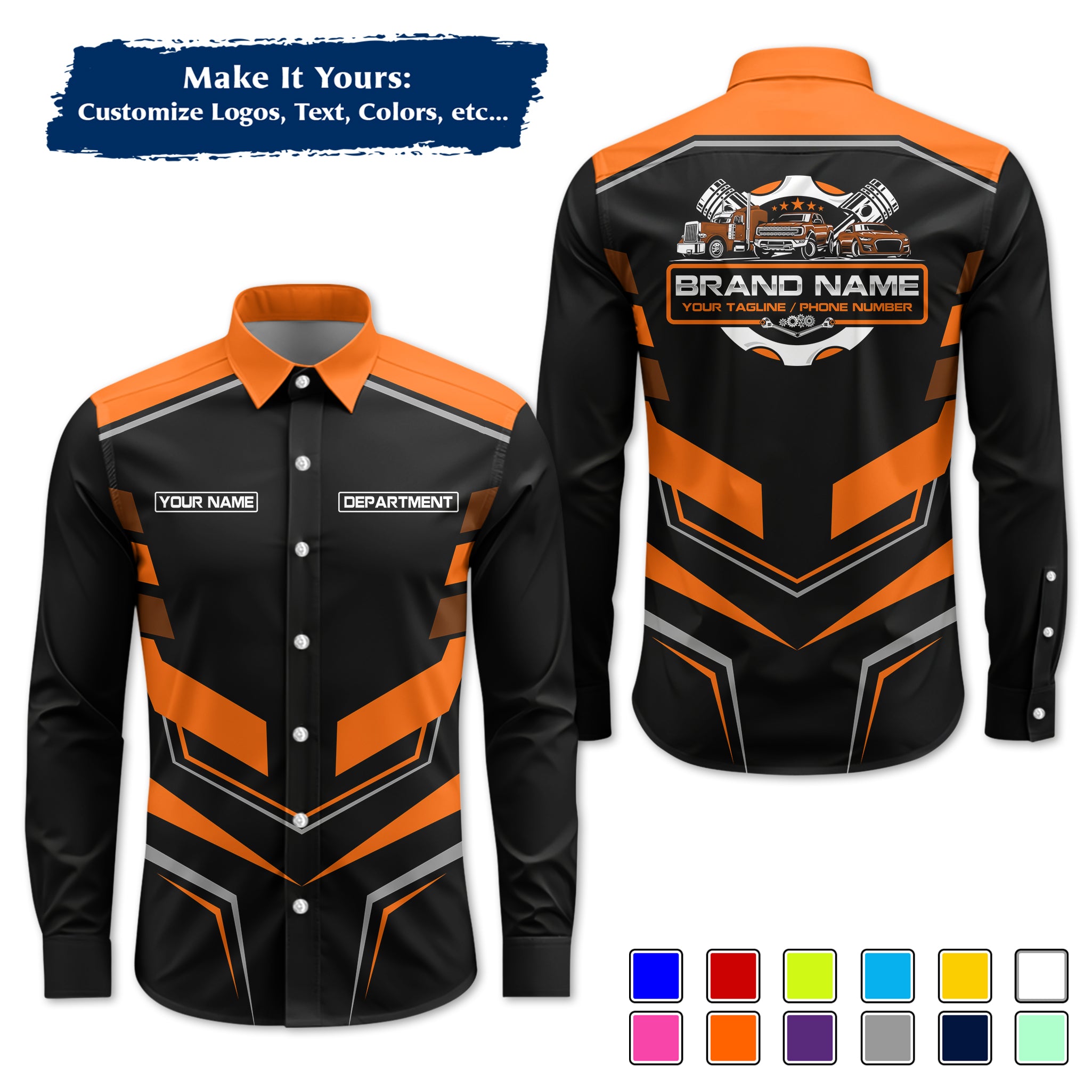 Custom Mechanic Long-Sleeve Work Shirt, Personalized with Your Garage Logo, Name & Phone MCNLS05