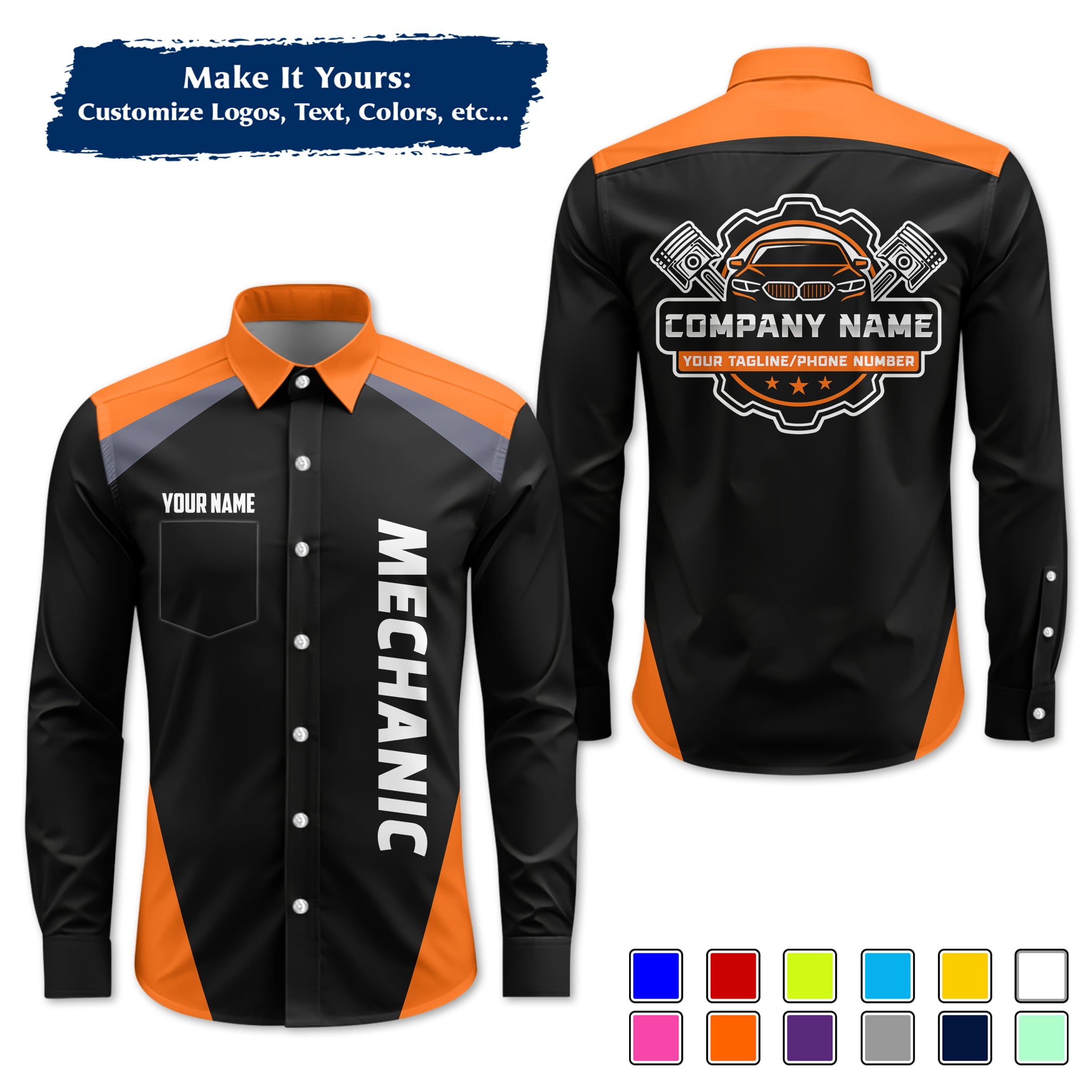 Custom Mechanic Long-Sleeve Work Shirt, Personalized with Your Garage Logo, Name & Phone MCNLS03