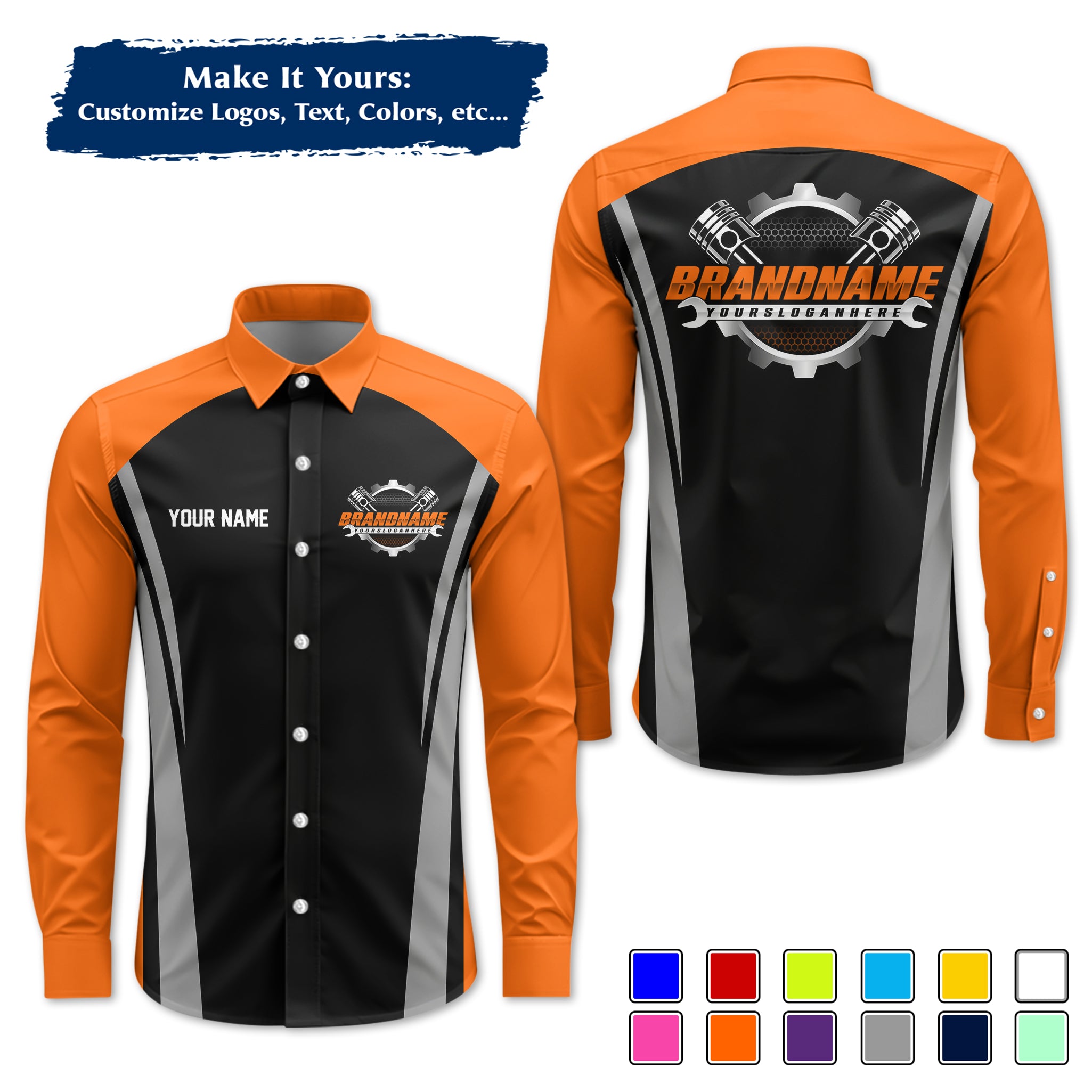 Custom Mechanic Long-Sleeve Work Shirt, Personalized with Your Garage Logo, Name & Phone MCNLS07