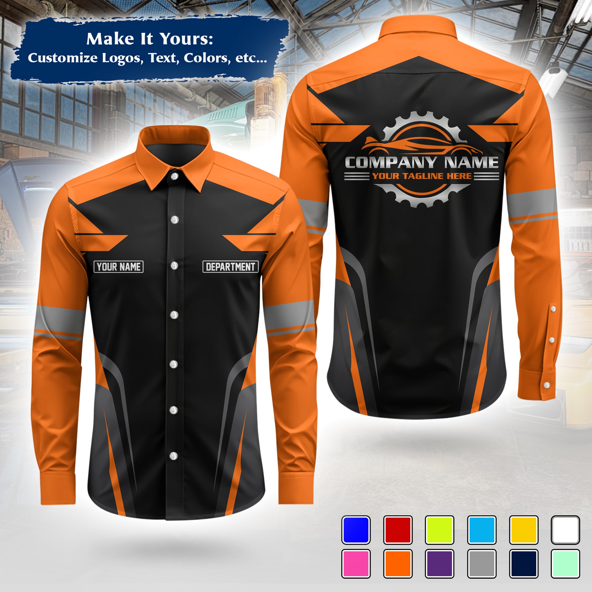 Custom Mechanic Long-Sleeve Work Shirt, Personalized with Your Garage Logo, Name & Phone MCNLS01