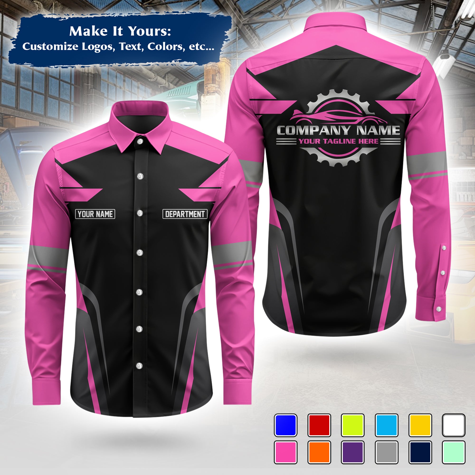 Custom Mechanic Long-Sleeve Work Shirt, Personalized with Your Garage Logo, Name & Phone MCNLS01