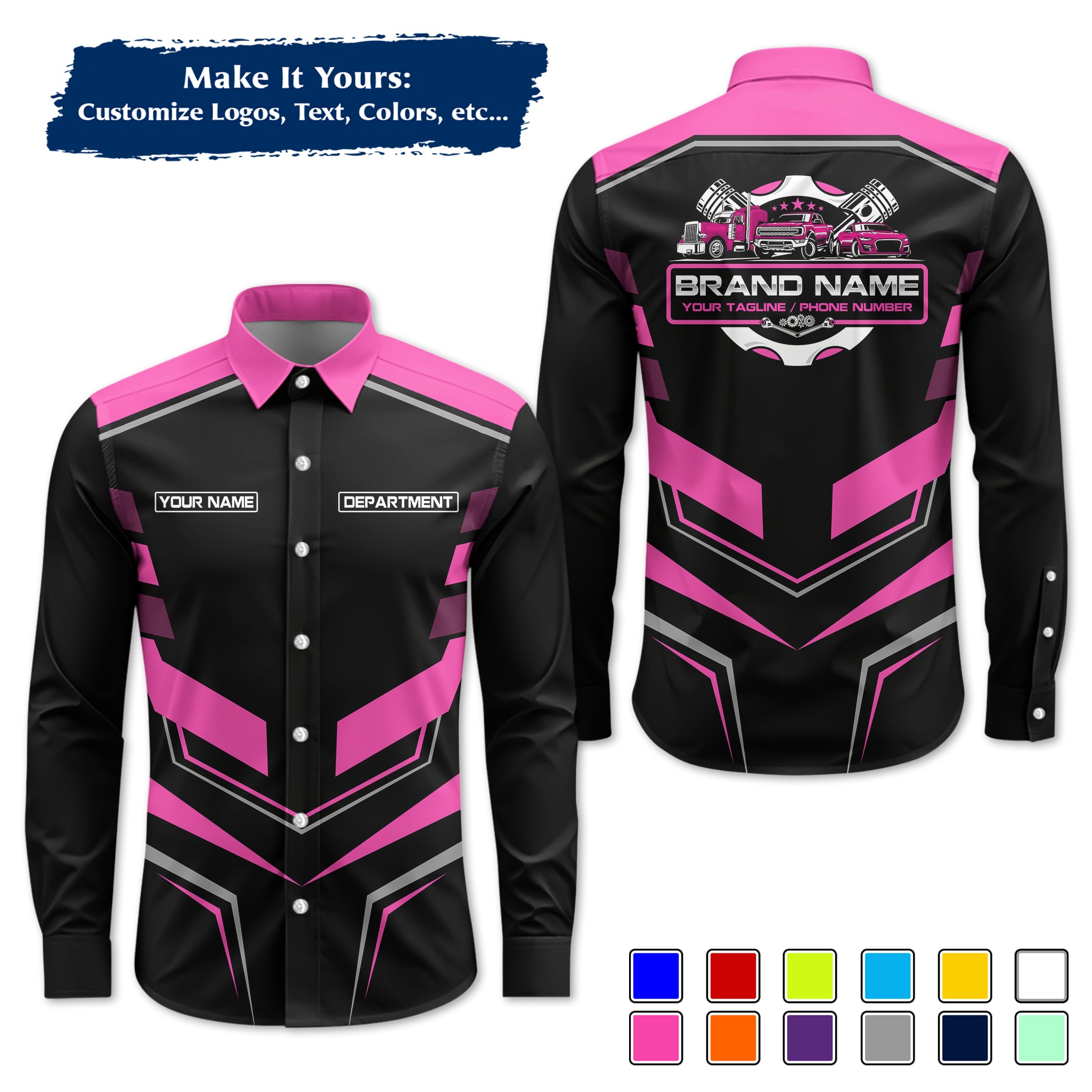 Custom Mechanic Long-Sleeve Work Shirt, Personalized with Your Garage Logo, Name & Phone MCNLS05