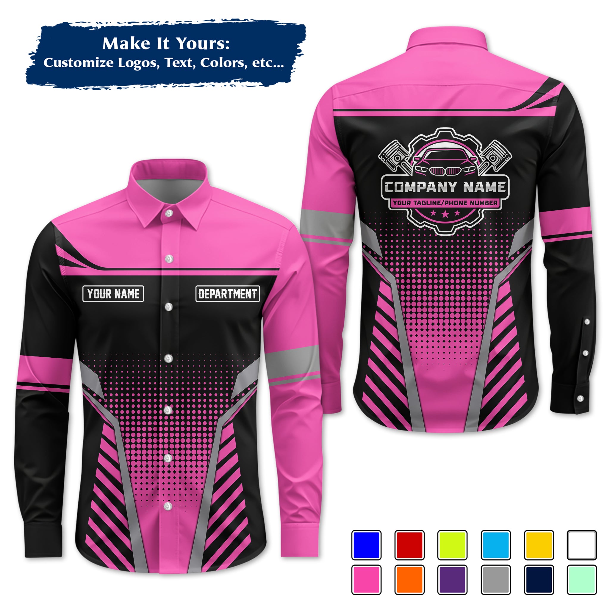 Custom Mechanic Long-Sleeve Work Shirt, Personalized with Your Garage Logo, Name & Phone MCNLS08