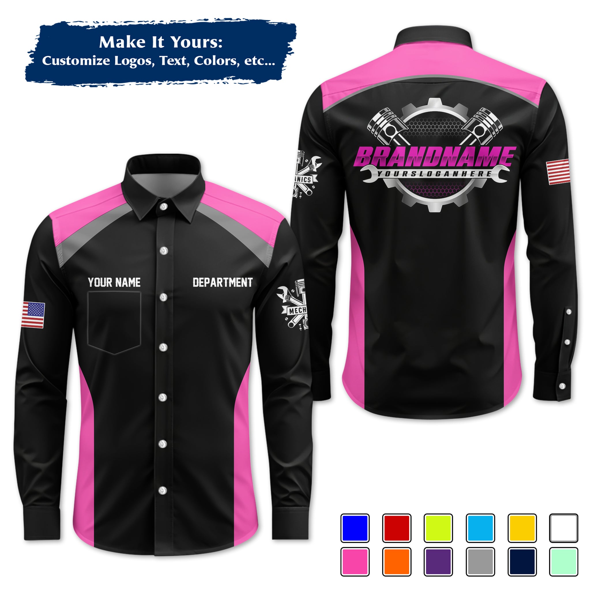 Custom Mechanic Long-Sleeve Work Shirt, Personalized with Your Garage Logo, Name & Phone MCNLS06