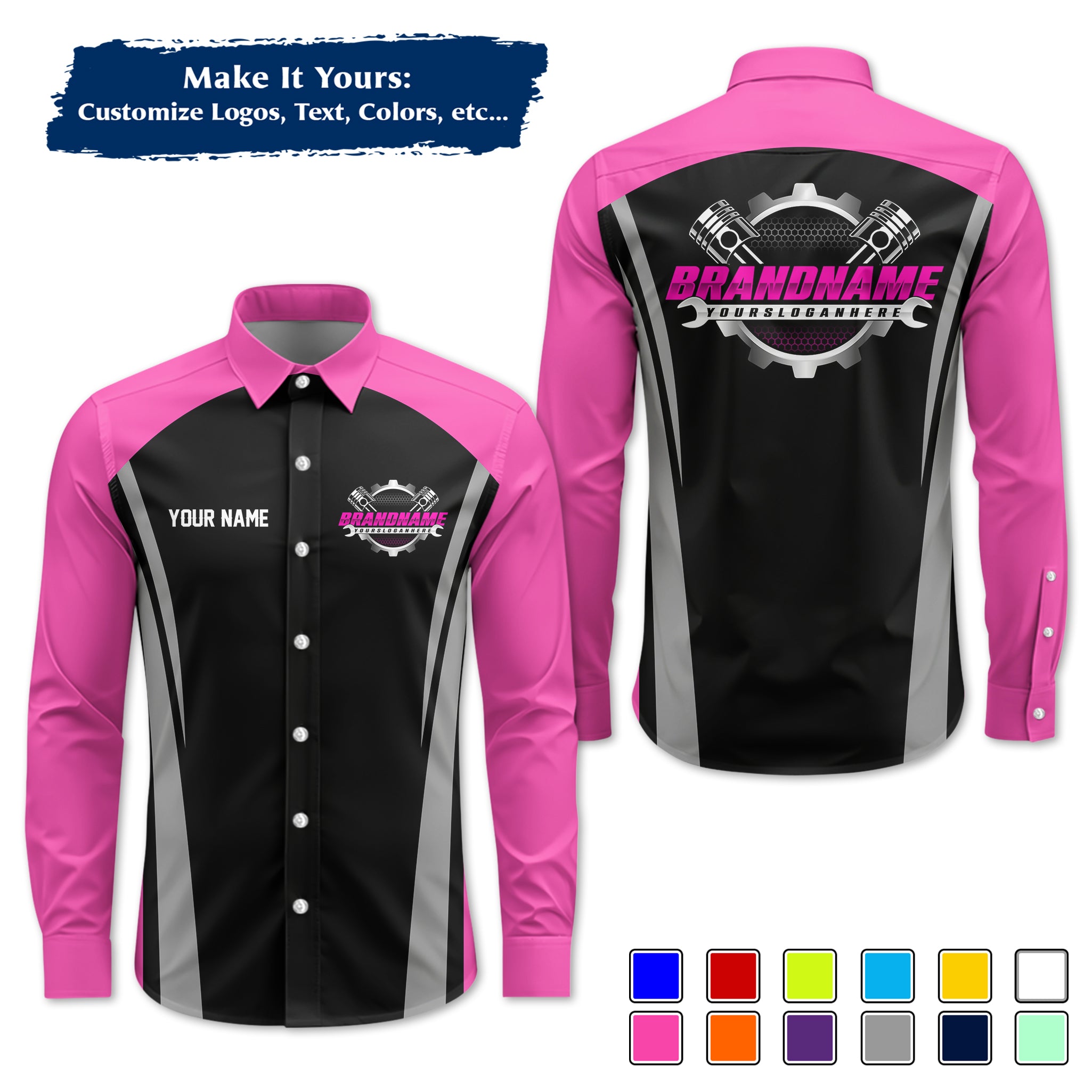 Custom Mechanic Long-Sleeve Work Shirt, Personalized with Your Garage Logo, Name & Phone MCNLS07