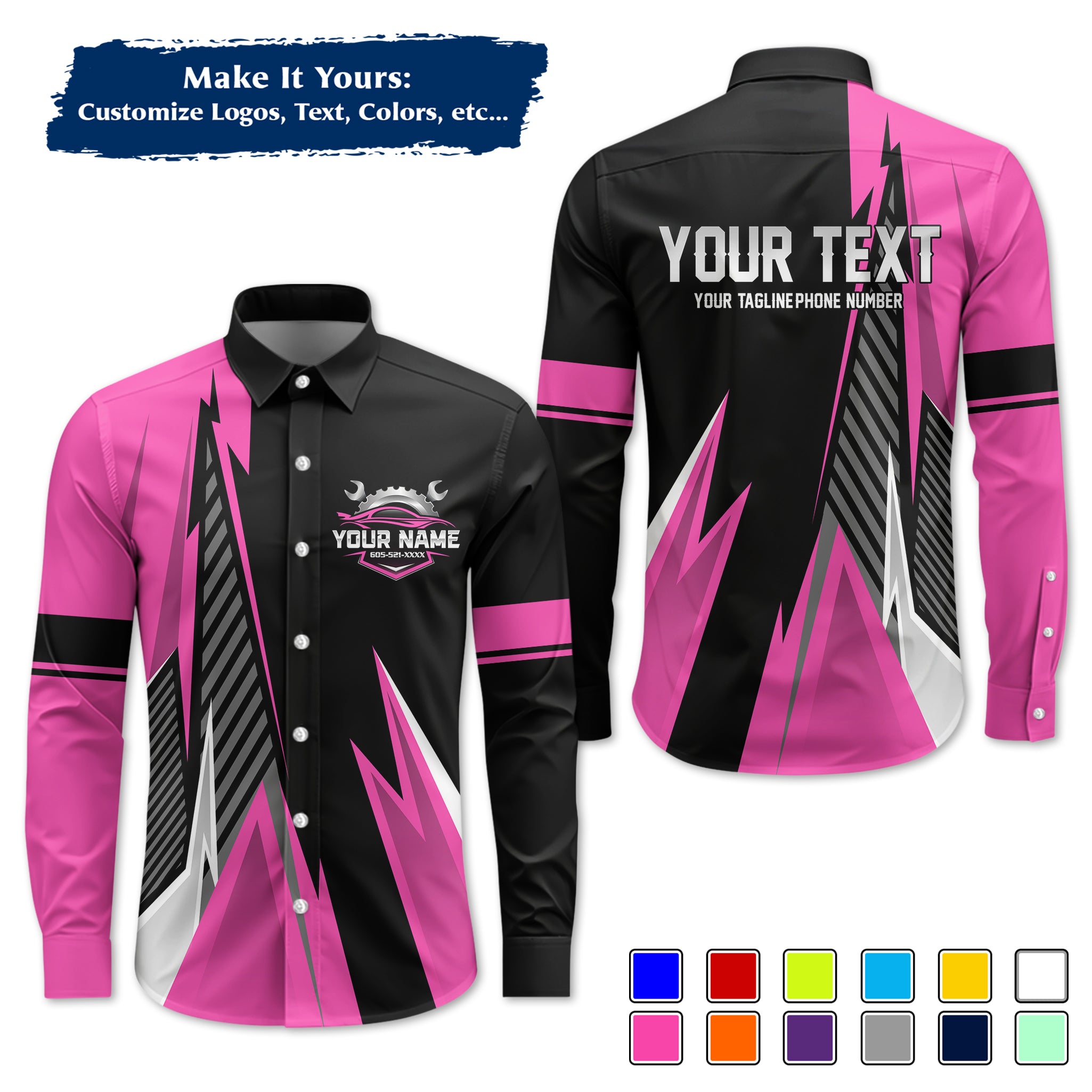 Custom Mechanic Long-Sleeve Work Shirt, Personalized with Your Garage Logo, Name & Phone MCNLS02