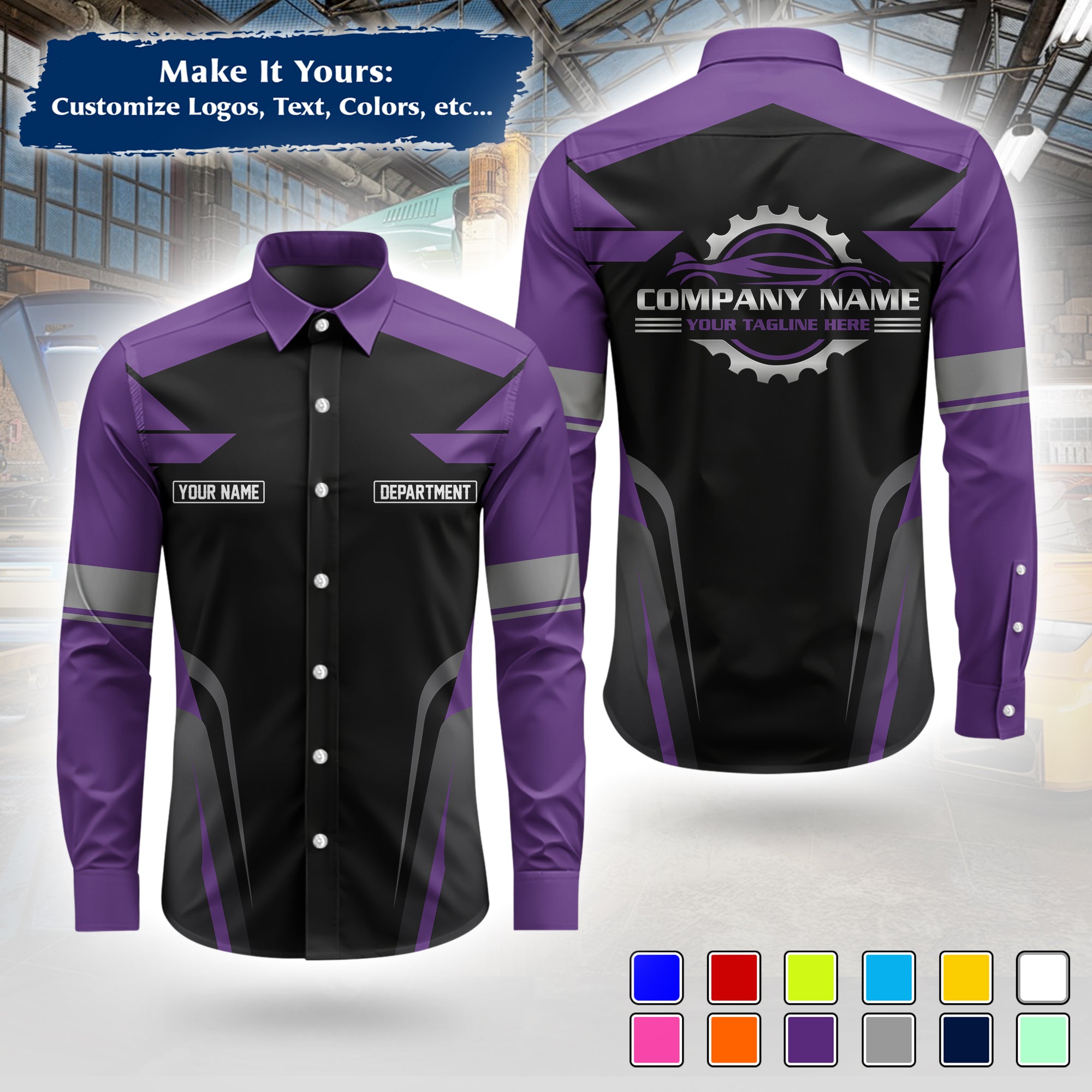 Custom Mechanic Long-Sleeve Work Shirt, Personalized with Your Garage Logo, Name & Phone MCNLS01