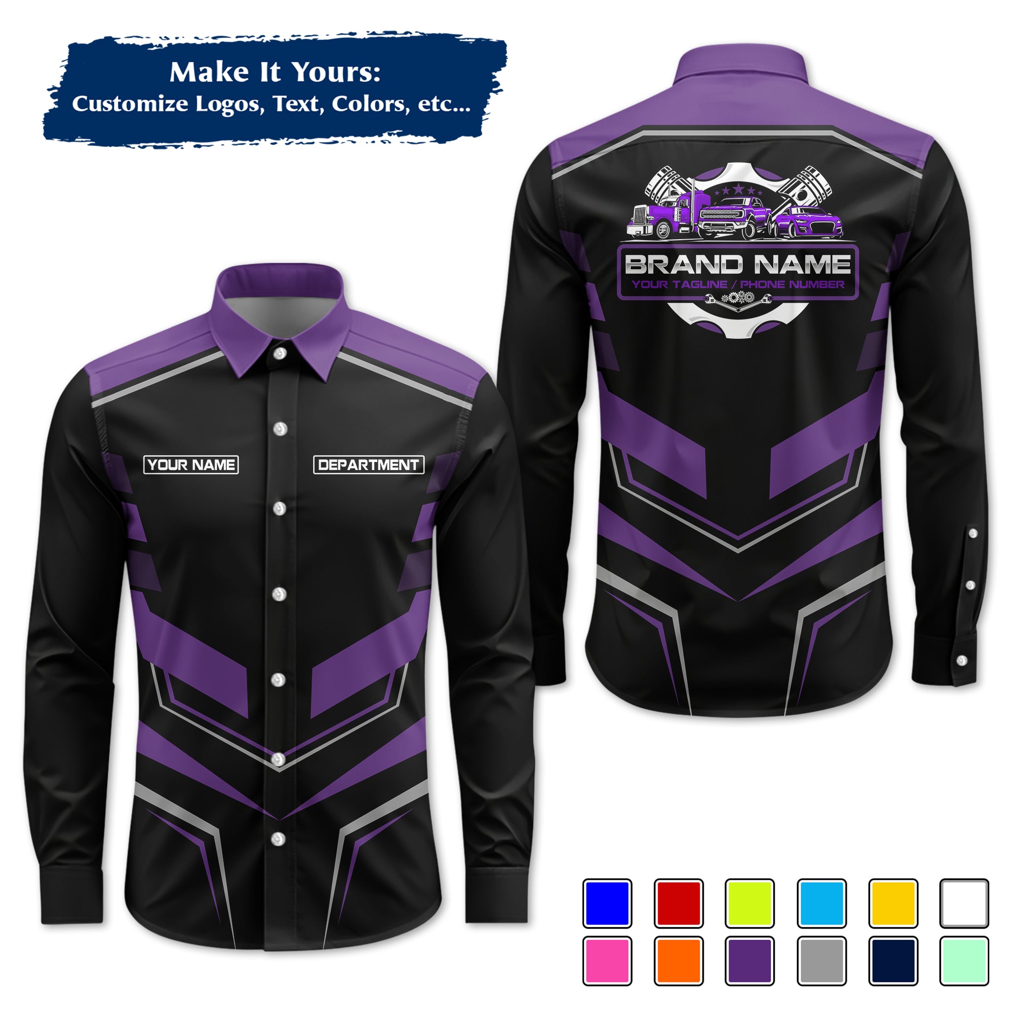 Custom Mechanic Long-Sleeve Work Shirt, Personalized with Your Garage Logo, Name & Phone MCNLS05