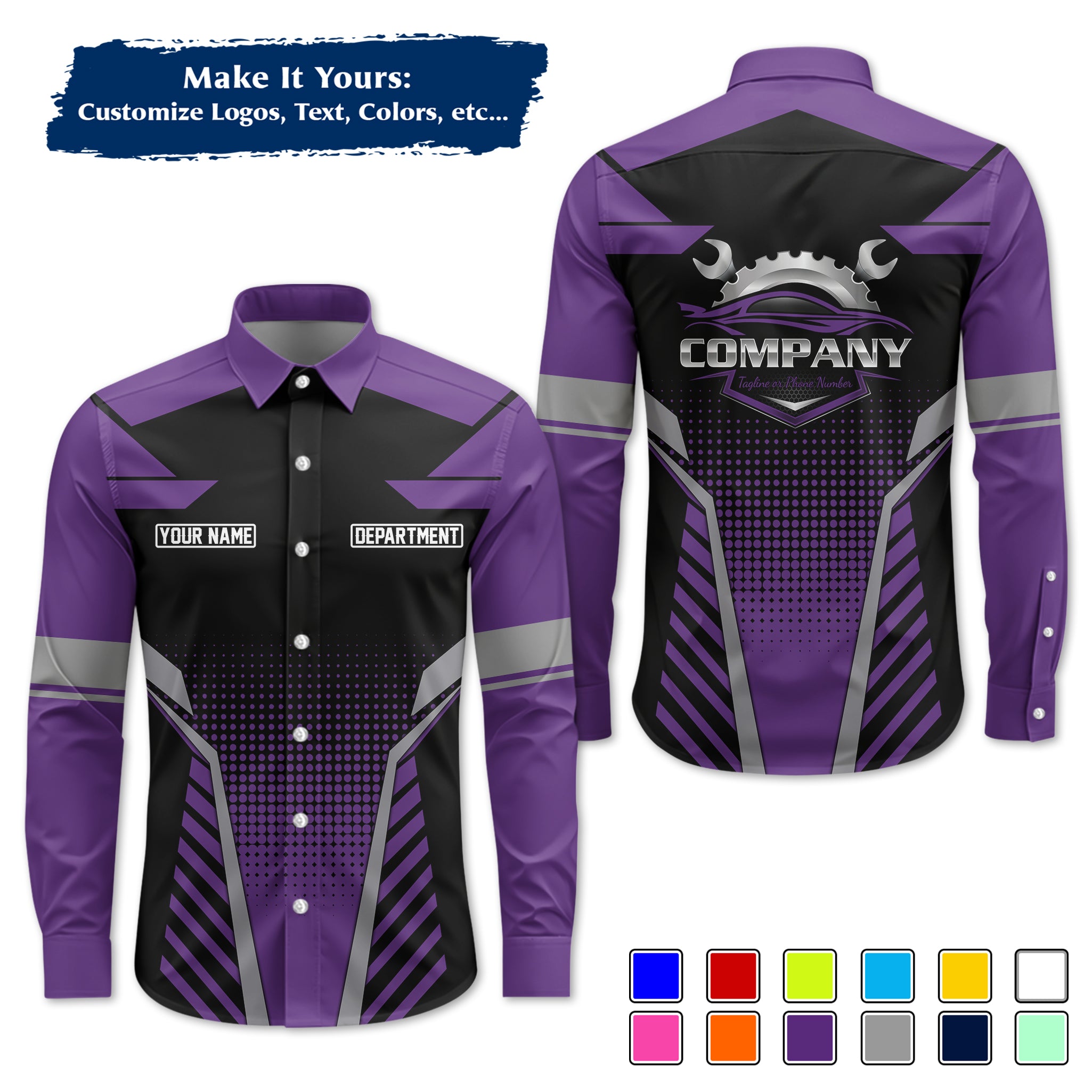 Custom Mechanic Long-Sleeve Work Shirt, Personalized with Your Garage Logo, Name & Phone MCNLS09