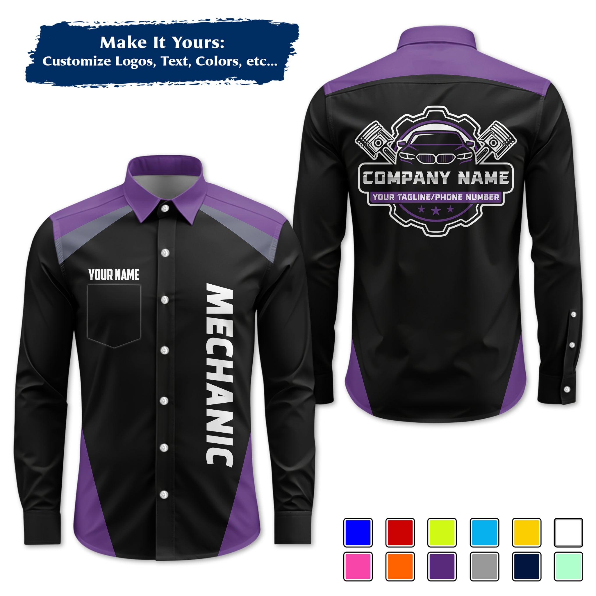 Custom Mechanic Long-Sleeve Work Shirt, Personalized with Your Garage Logo, Name & Phone MCNLS03