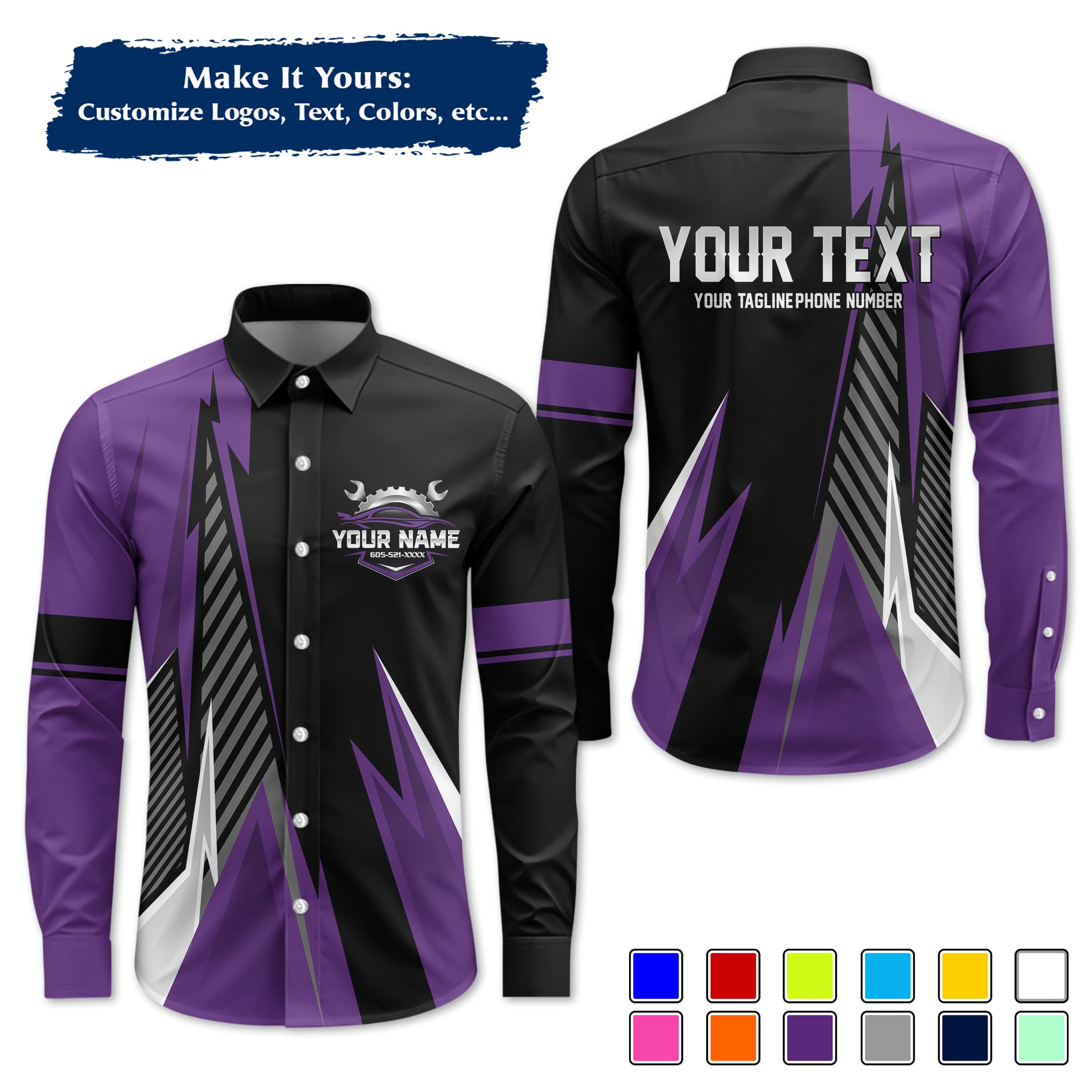 Custom Mechanic Long-Sleeve Work Shirt, Personalized with Your Garage Logo, Name & Phone MCNLS02