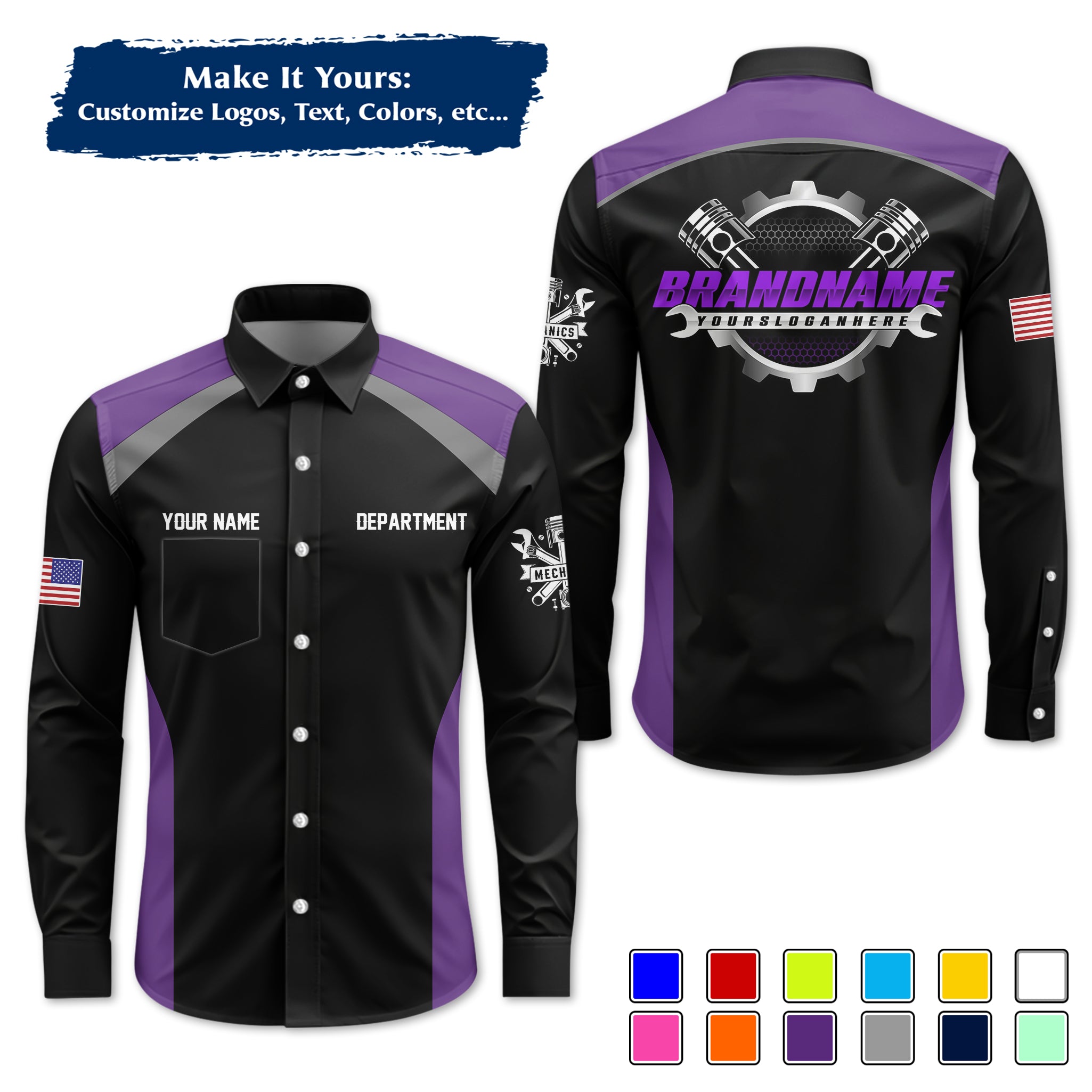 Custom Mechanic Long-Sleeve Work Shirt, Personalized with Your Garage Logo, Name & Phone MCNLS06