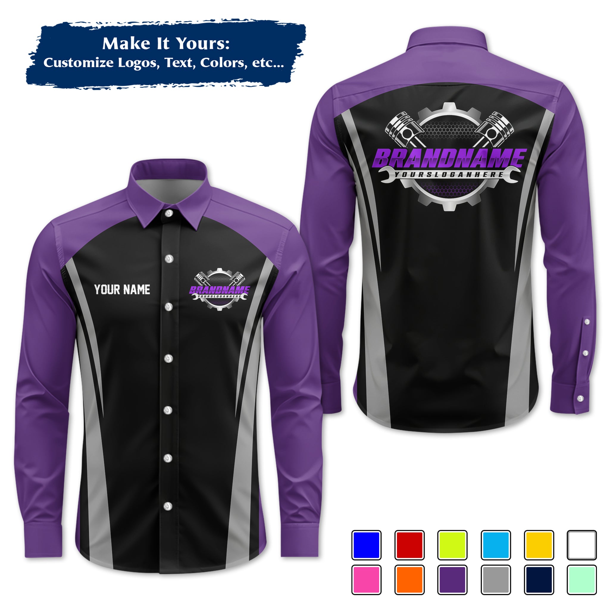 Custom Mechanic Long-Sleeve Work Shirt, Personalized with Your Garage Logo, Name & Phone MCNLS07
