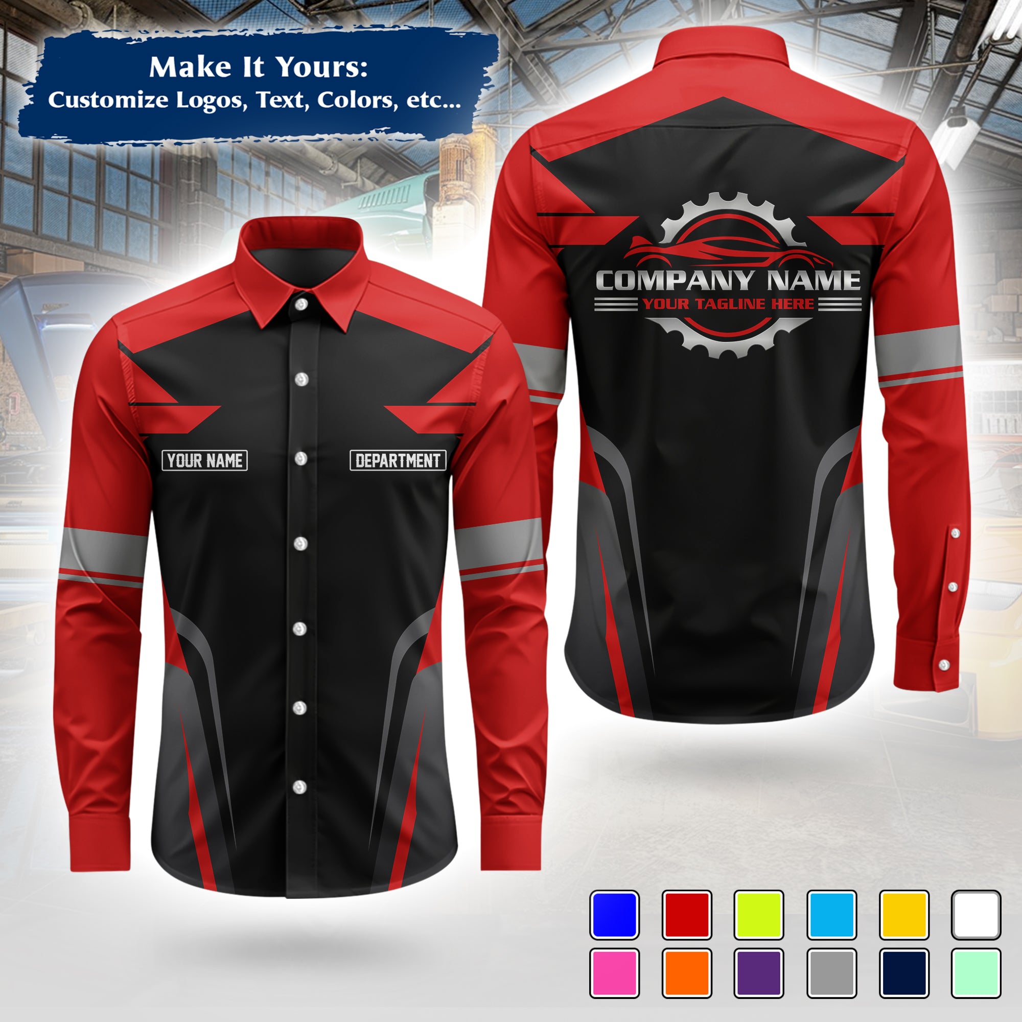 Custom Mechanic Long-Sleeve Work Shirt, Personalized with Your Garage Logo, Name & Phone MCNLS01