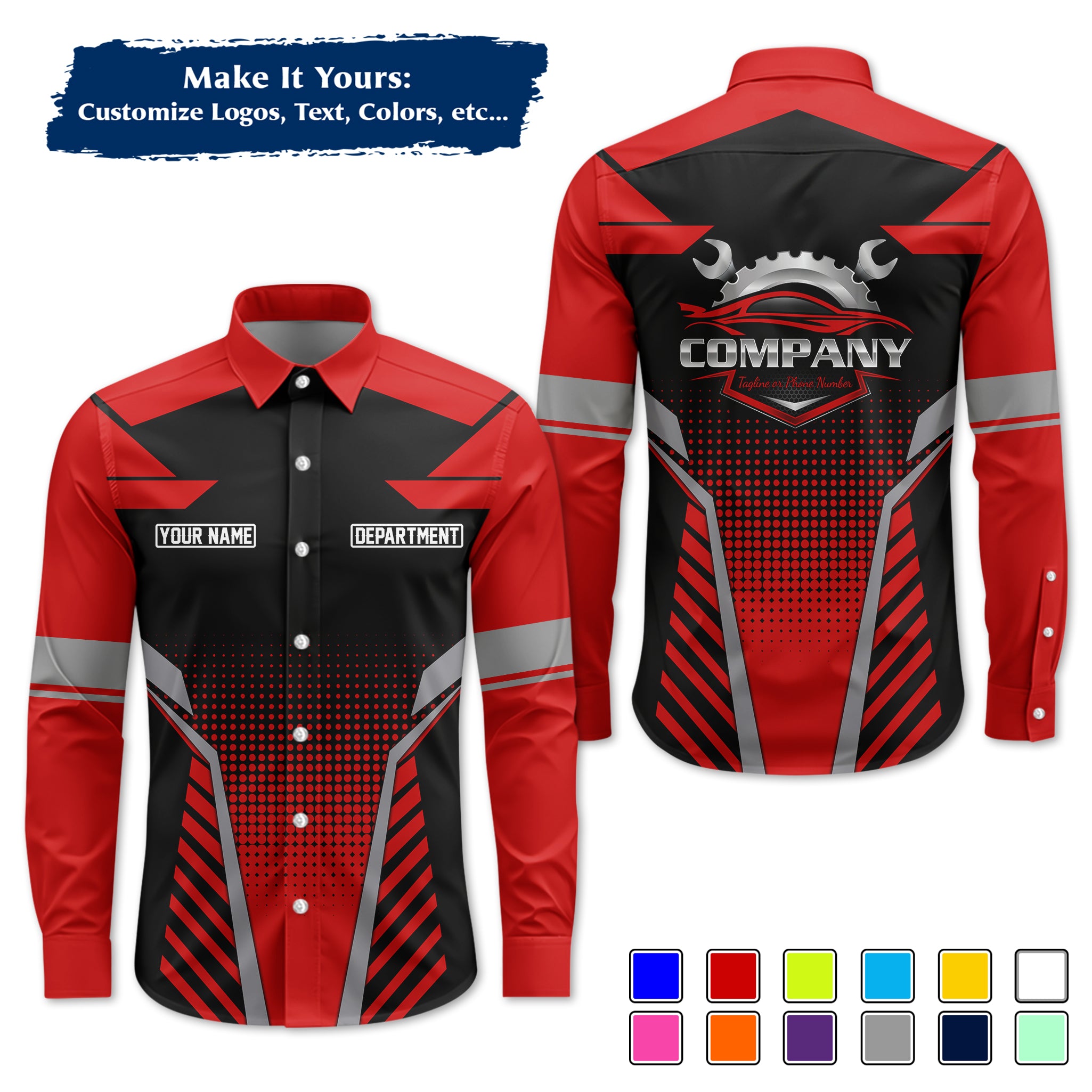 Custom Mechanic Long-Sleeve Work Shirt, Personalized with Your Garage Logo, Name & Phone MCNLS09