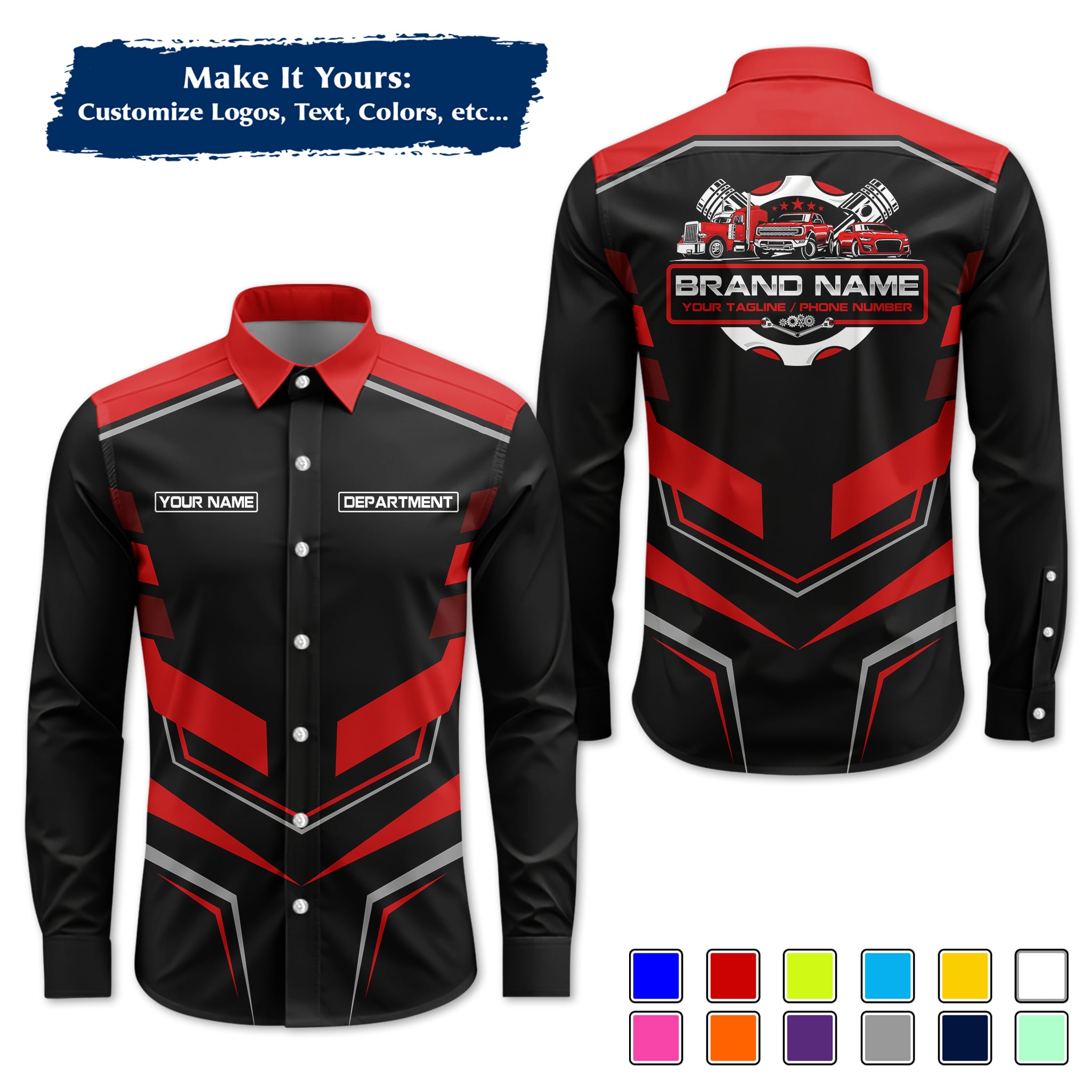 Custom Mechanic Long-Sleeve Work Shirt, Personalized with Your Garage Logo, Name & Phone MCNLS05