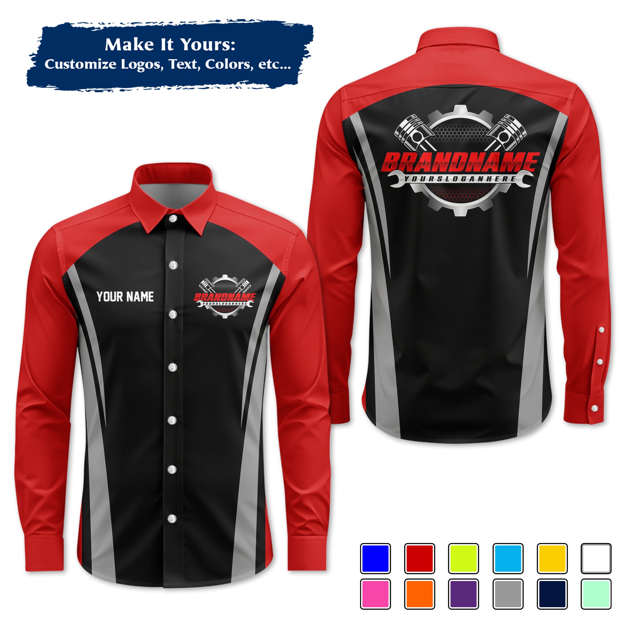 Custom Mechanic Long-Sleeve Work Shirt, Personalized with Your Garage Logo, Name & Phone MCNLS07