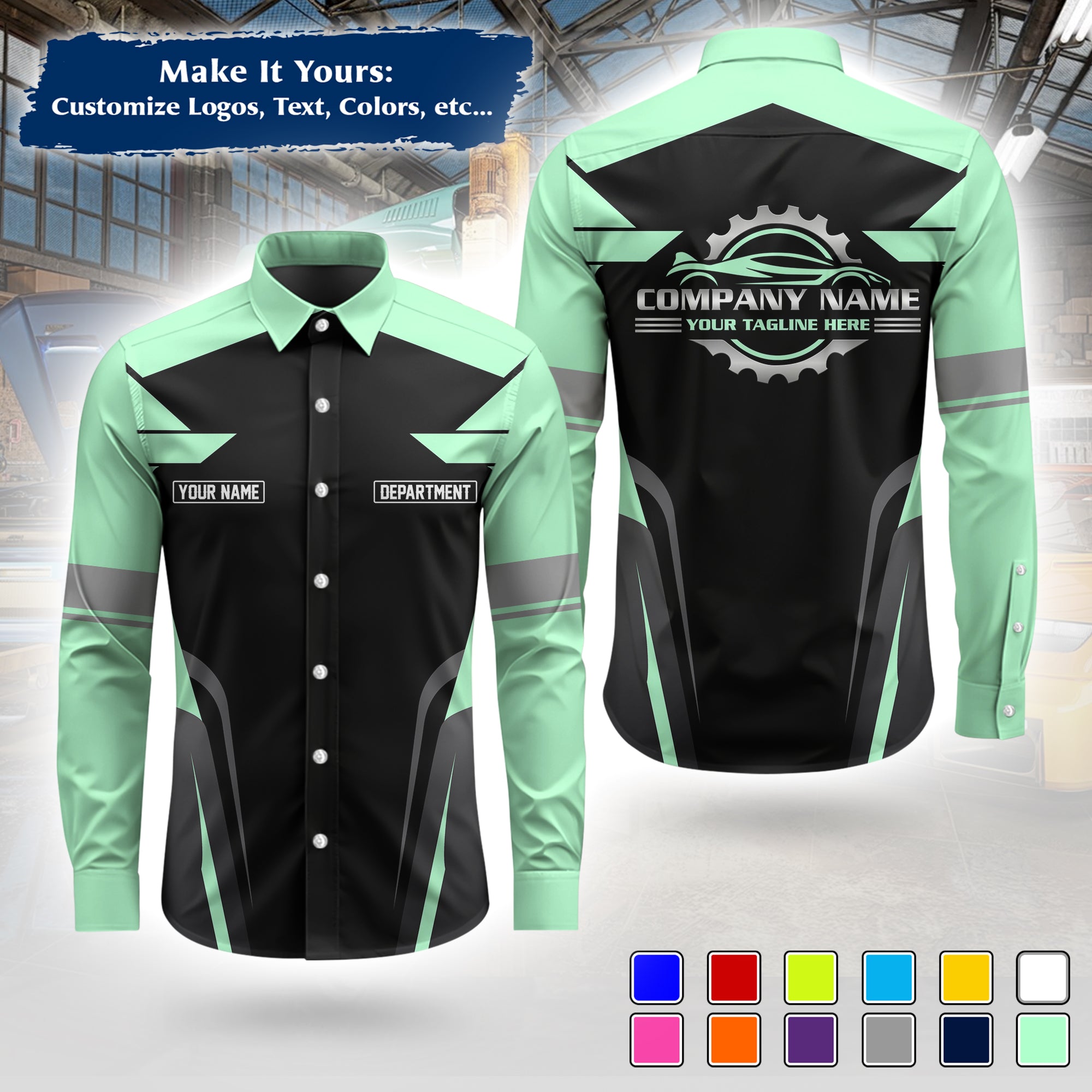 Custom Mechanic Long-Sleeve Work Shirt, Personalized with Your Garage Logo, Name & Phone MCNLS01