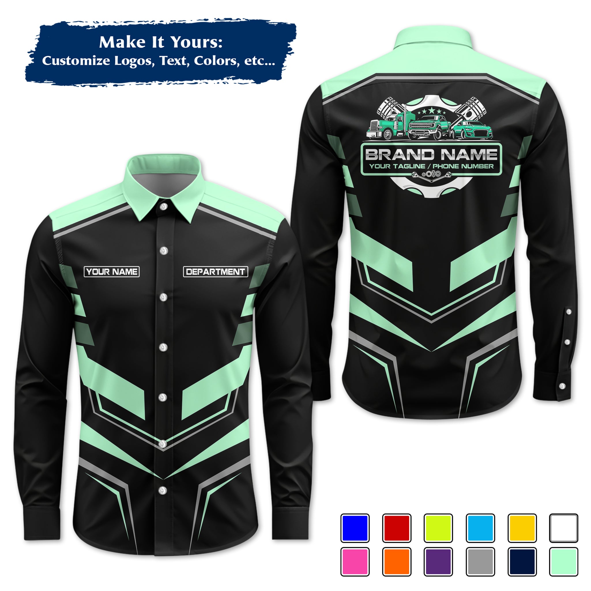Custom Mechanic Long-Sleeve Work Shirt, Personalized with Your Garage Logo, Name & Phone MCNLS05