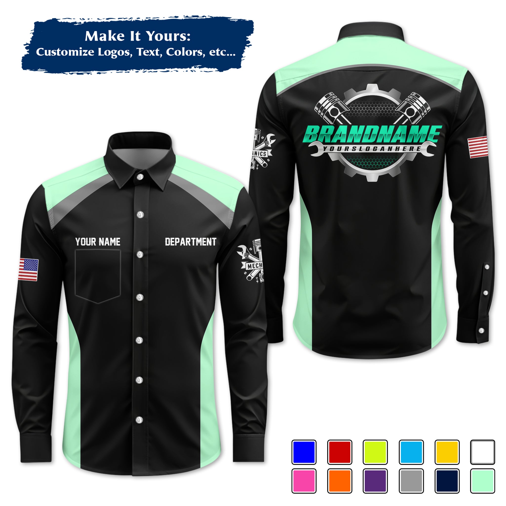 Custom Mechanic Long-Sleeve Work Shirt, Personalized with Your Garage Logo, Name & Phone MCNLS06