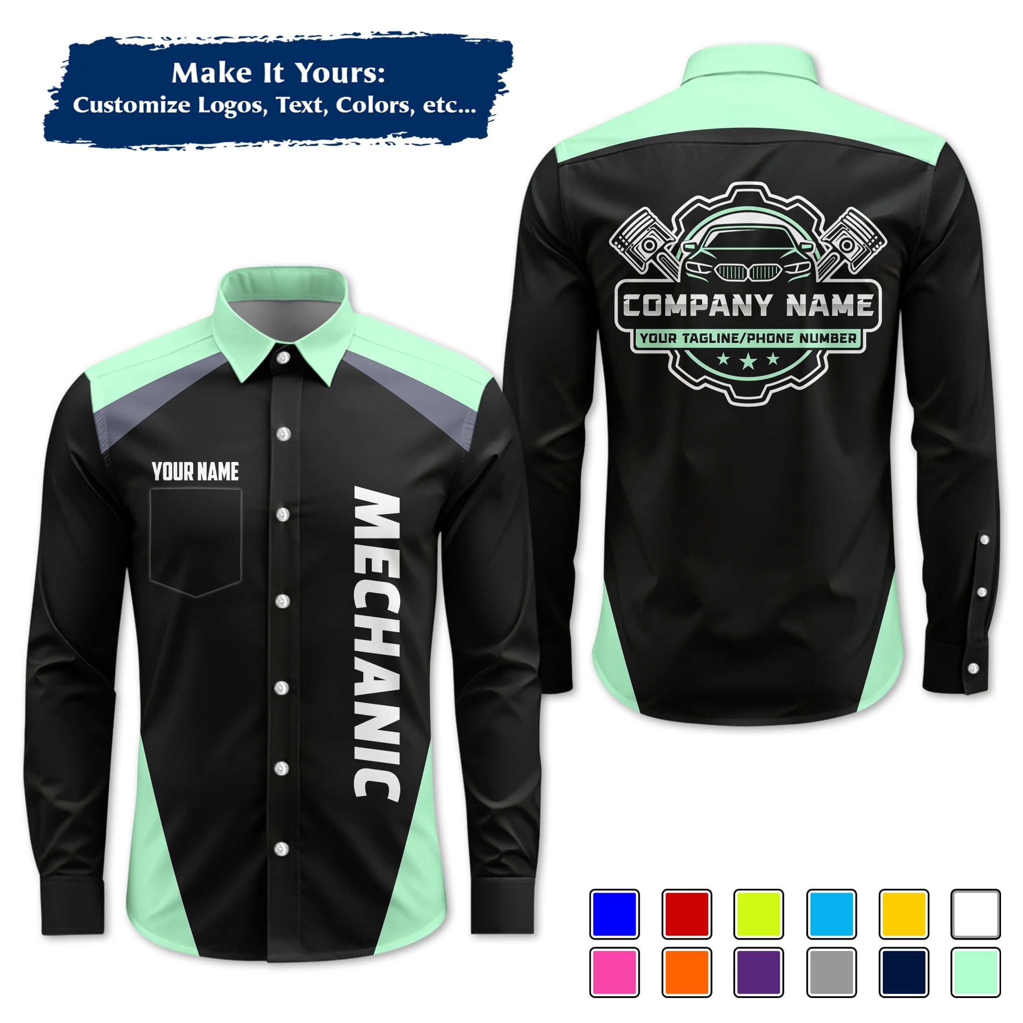 Custom Mechanic Long-Sleeve Work Shirt, Personalized with Your Garage Logo, Name & Phone MCNLS03