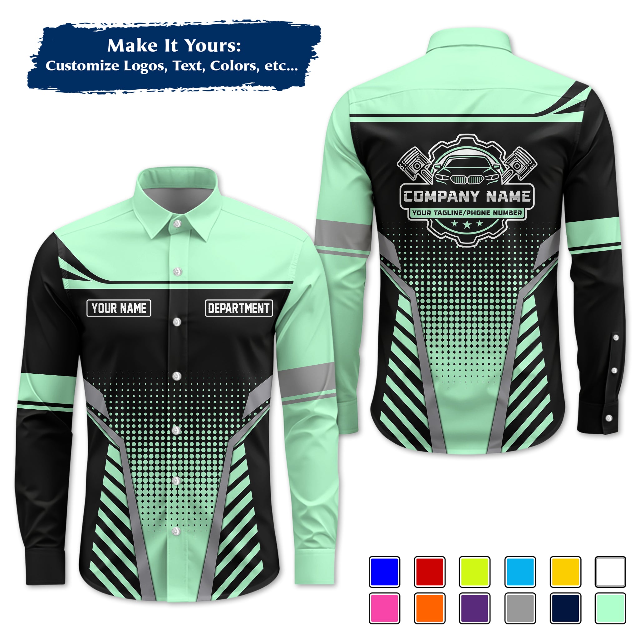 Custom Mechanic Long-Sleeve Work Shirt, Personalized with Your Garage Logo, Name & Phone MCNLS08