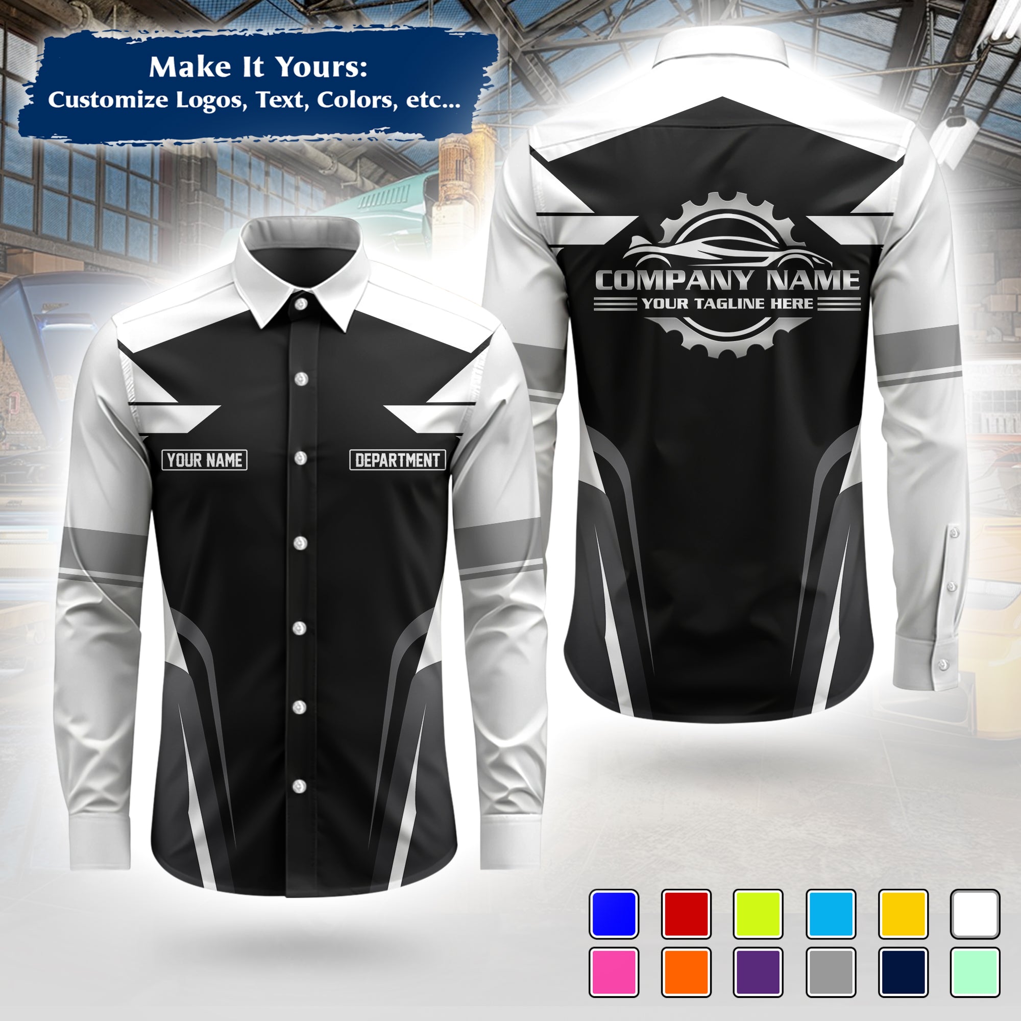 Custom Mechanic Long-Sleeve Work Shirt, Personalized with Your Garage Logo, Name & Phone MCNLS01
