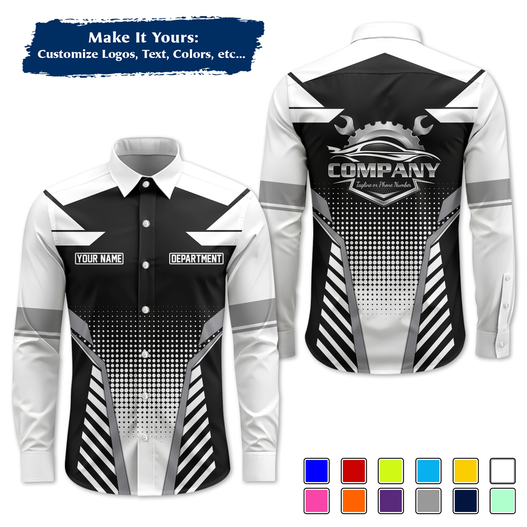 Custom Mechanic Long-Sleeve Work Shirt, Personalized with Your Garage Logo, Name & Phone MCNLS09
