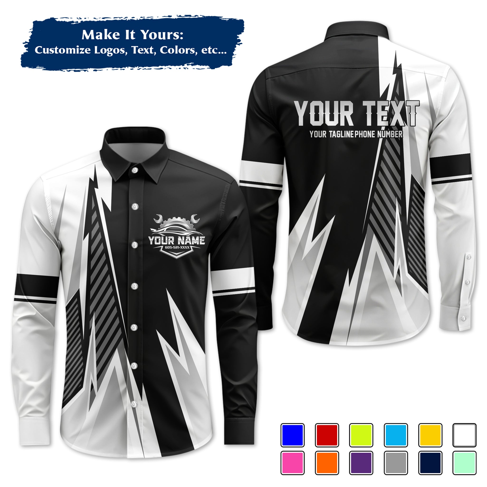 Custom Mechanic Long-Sleeve Work Shirt, Personalized with Your Garage Logo, Name & Phone MCNLS02