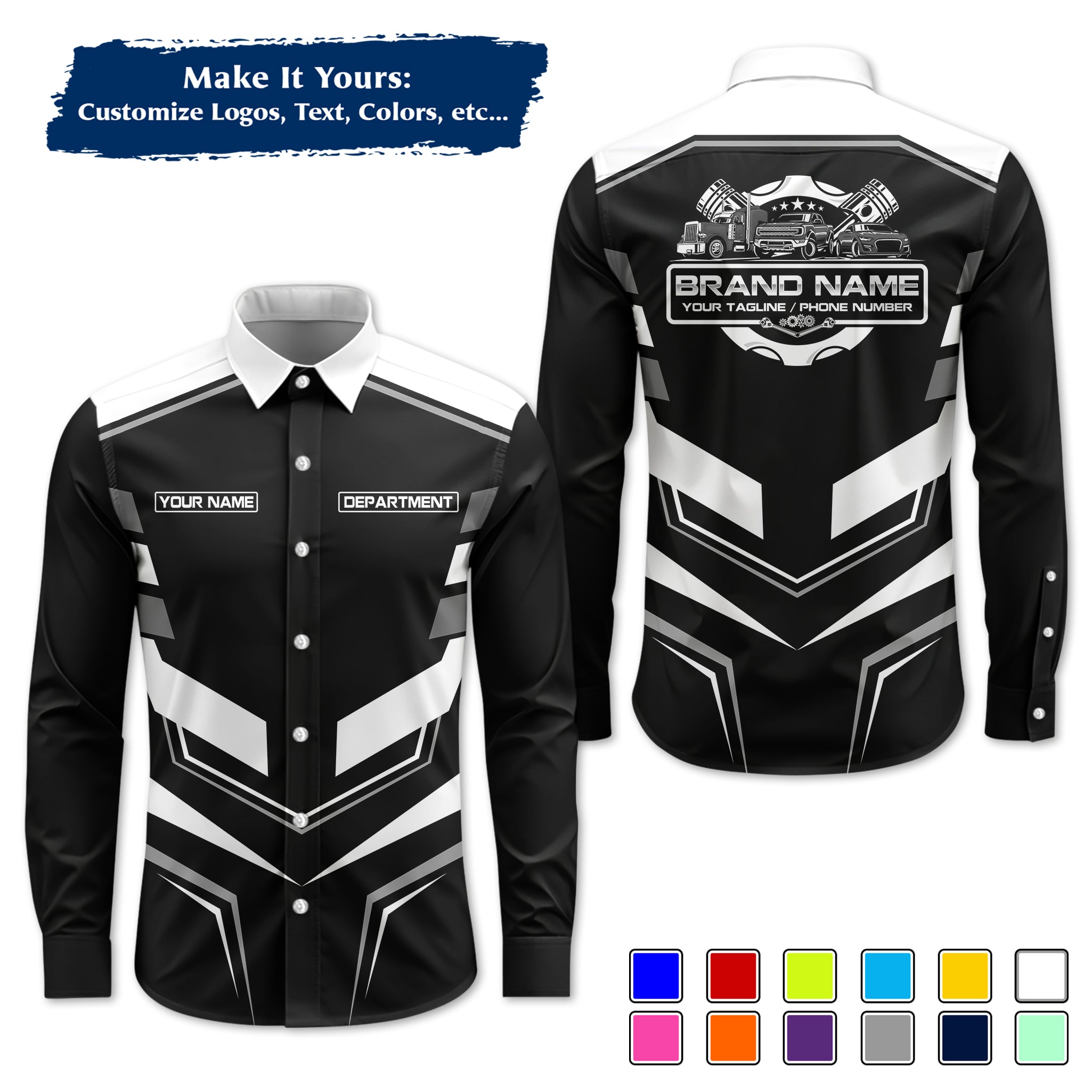 Custom Mechanic Long-Sleeve Work Shirt, Personalized with Your Garage Logo, Name & Phone MCNLS05