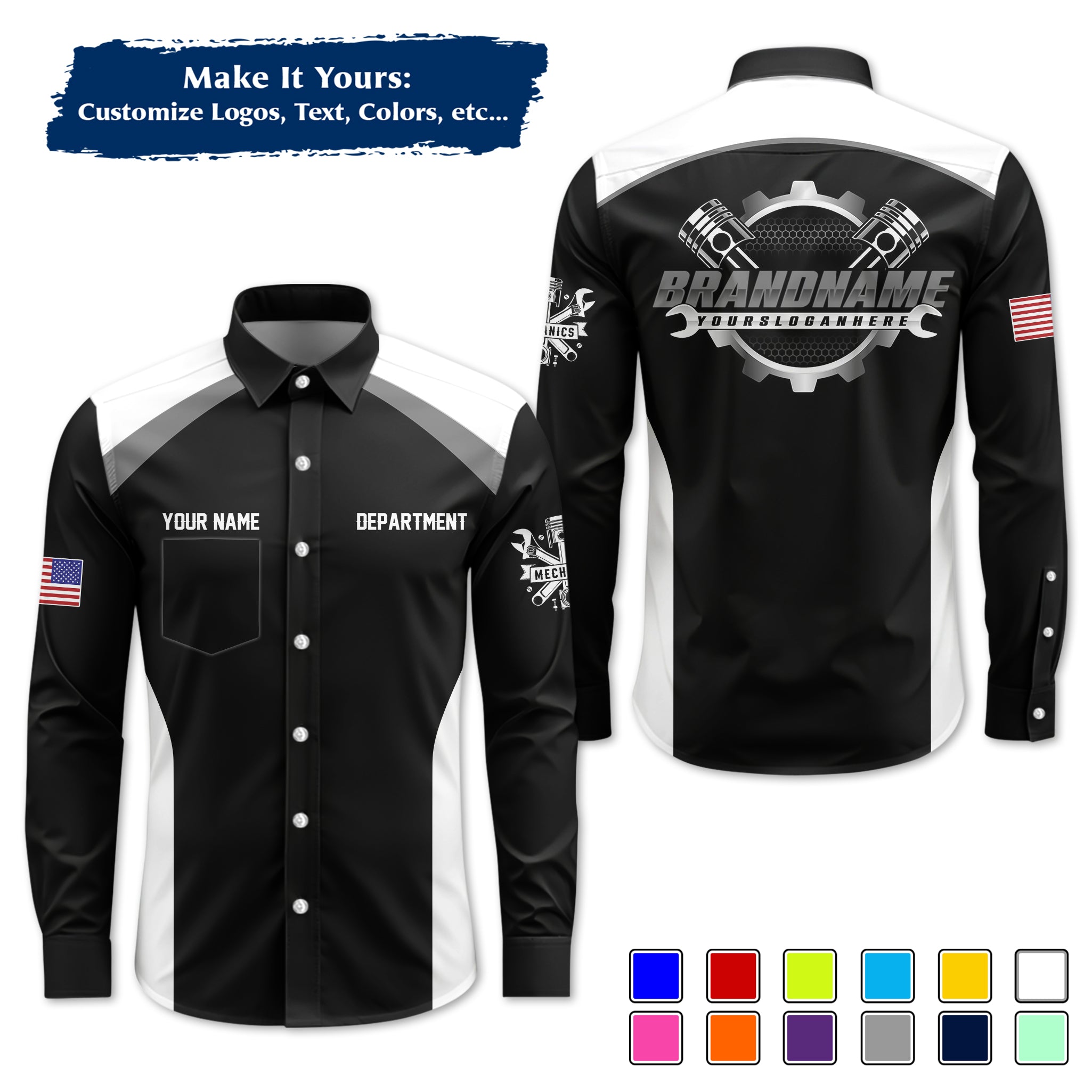 Custom Mechanic Long-Sleeve Work Shirt, Personalized with Your Garage Logo, Name & Phone MCNLS06
