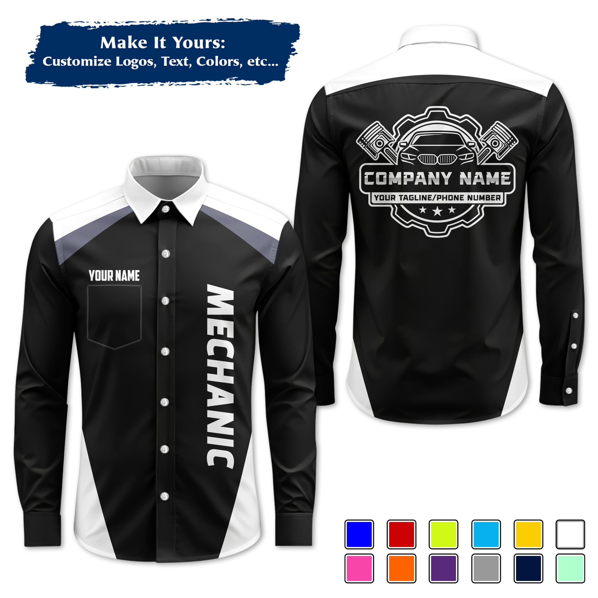 Custom Mechanic Long-Sleeve Work Shirt, Personalized with Your Garage Logo, Name & Phone MCNLS03