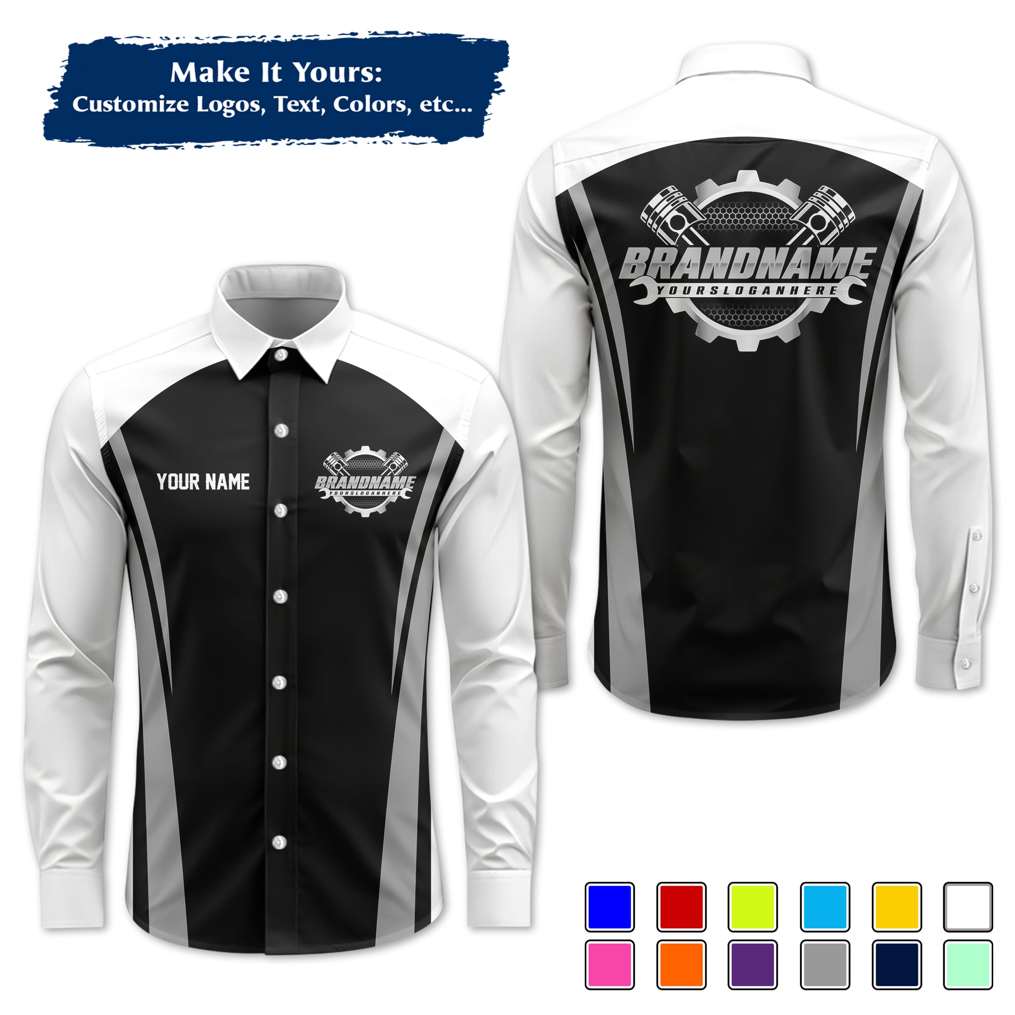 Custom Mechanic Long-Sleeve Work Shirt, Personalized with Your Garage Logo, Name & Phone MCNLS07