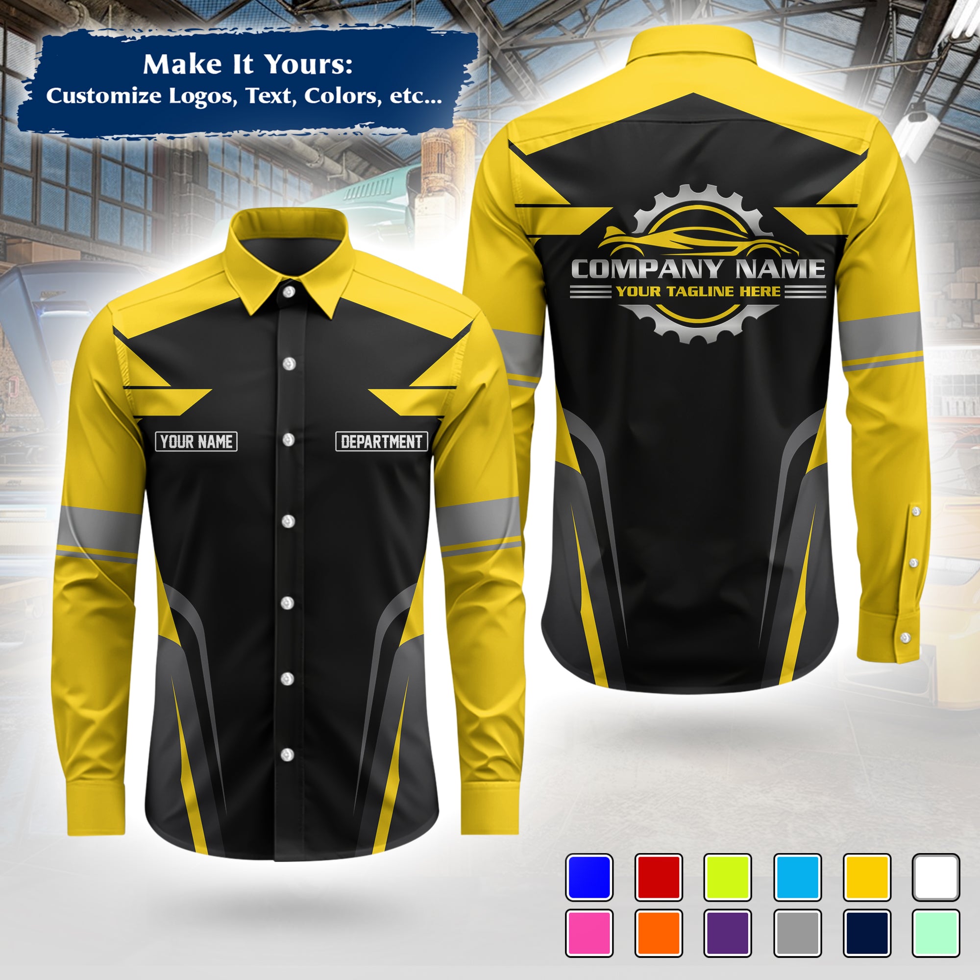 Custom Mechanic Long-Sleeve Work Shirt, Personalized with Your Garage Logo, Name & Phone MCNLS01