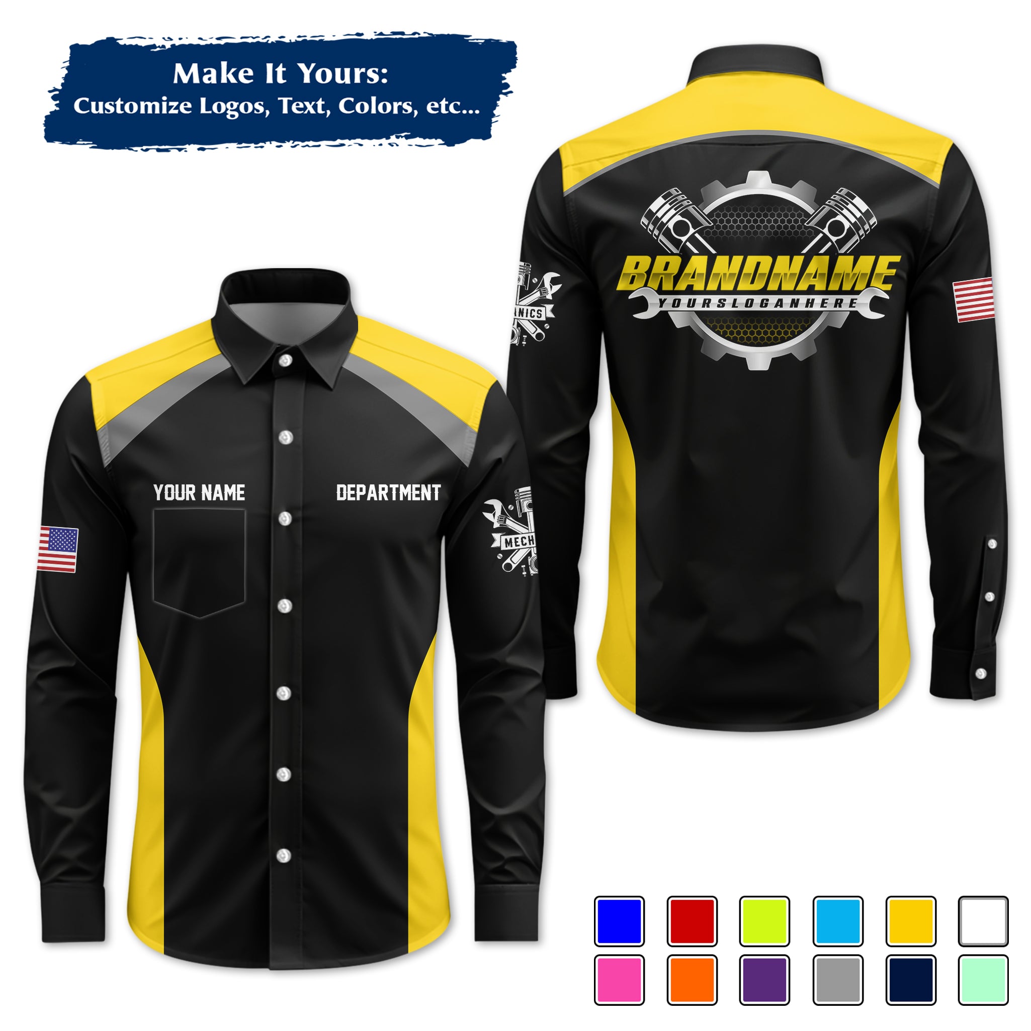 Custom Mechanic Long-Sleeve Work Shirt, Personalized with Your Garage Logo, Name & Phone MCNLS06