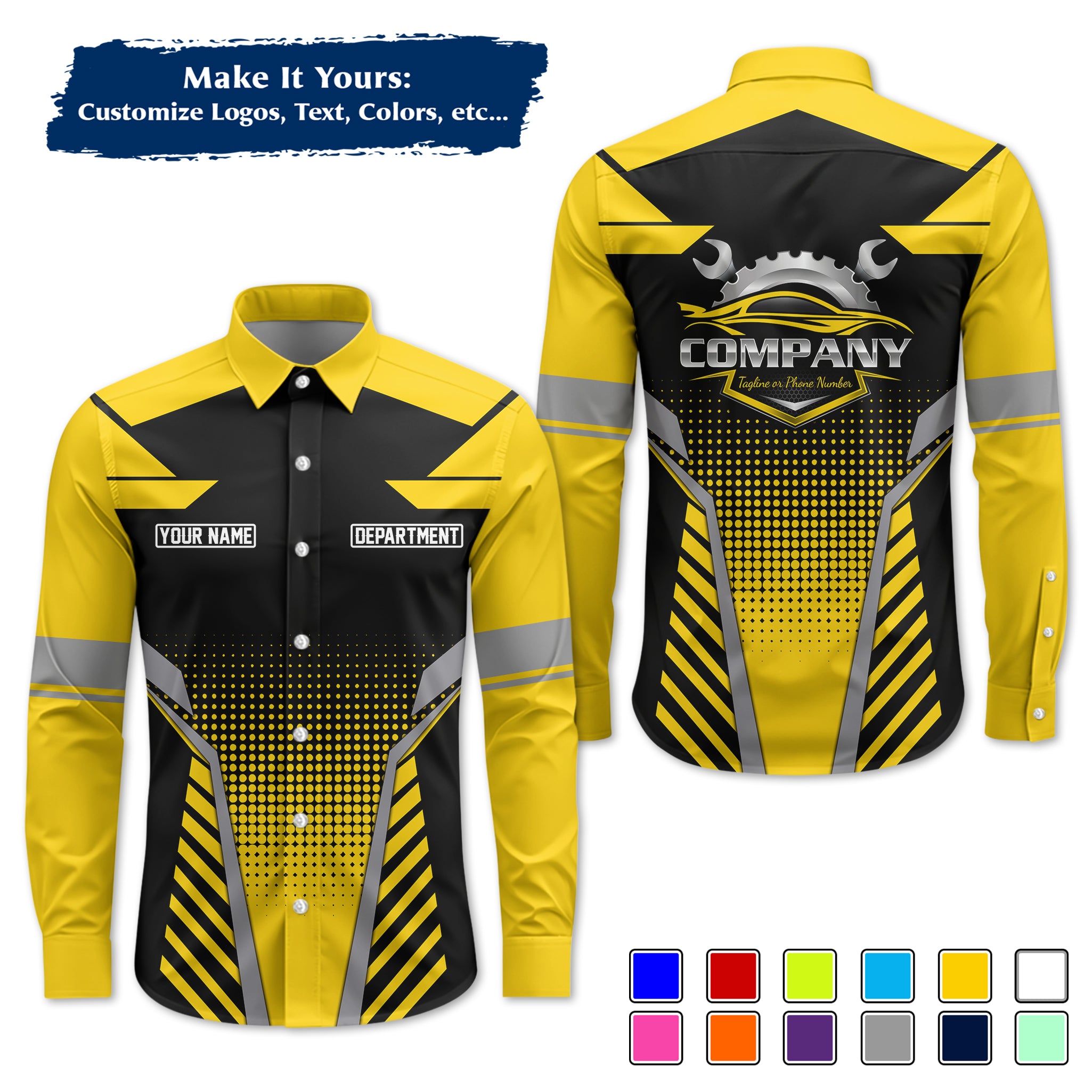 Custom Mechanic Long-Sleeve Work Shirt, Personalized with Your Garage Logo, Name & Phone MCNLS09
