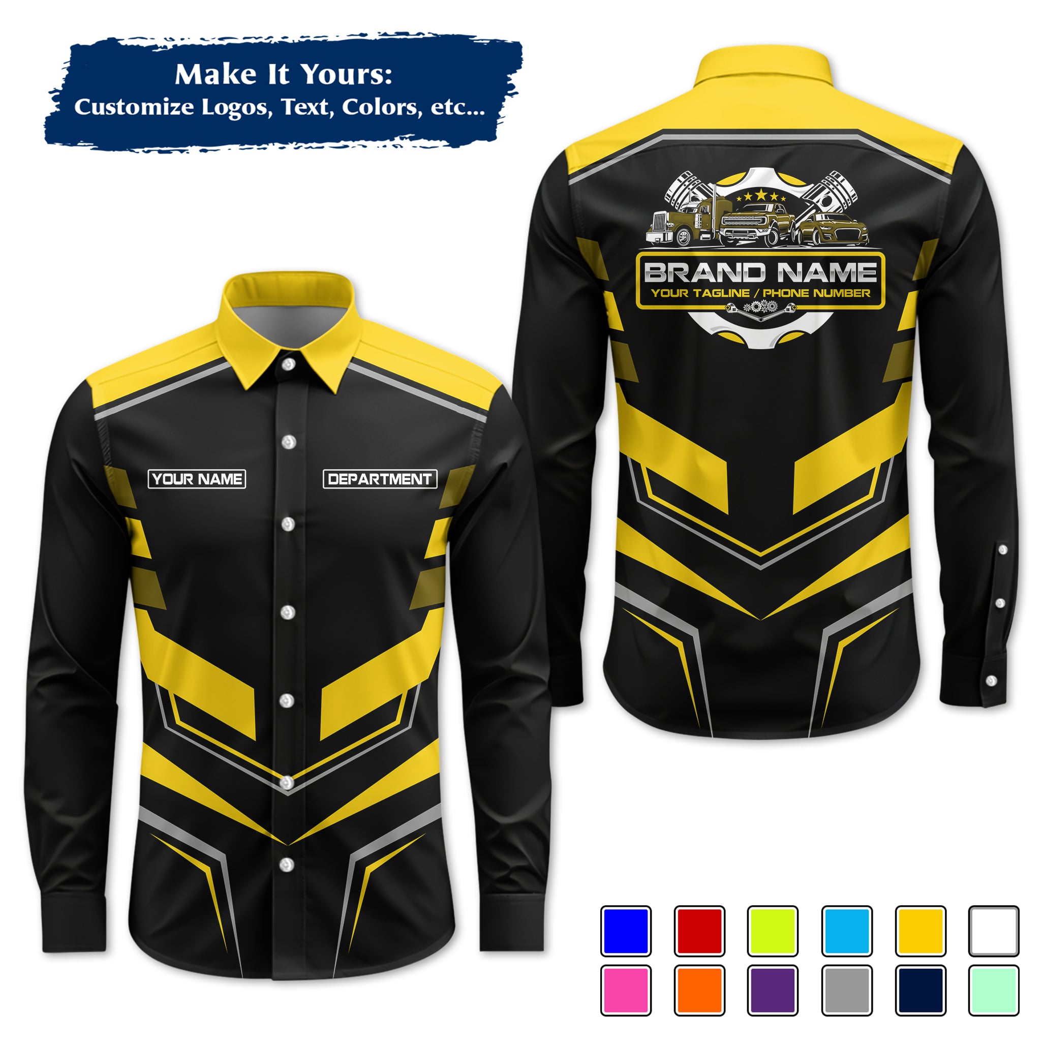 Custom Mechanic Long-Sleeve Work Shirt, Personalized with Your Garage Logo, Name & Phone MCNLS05