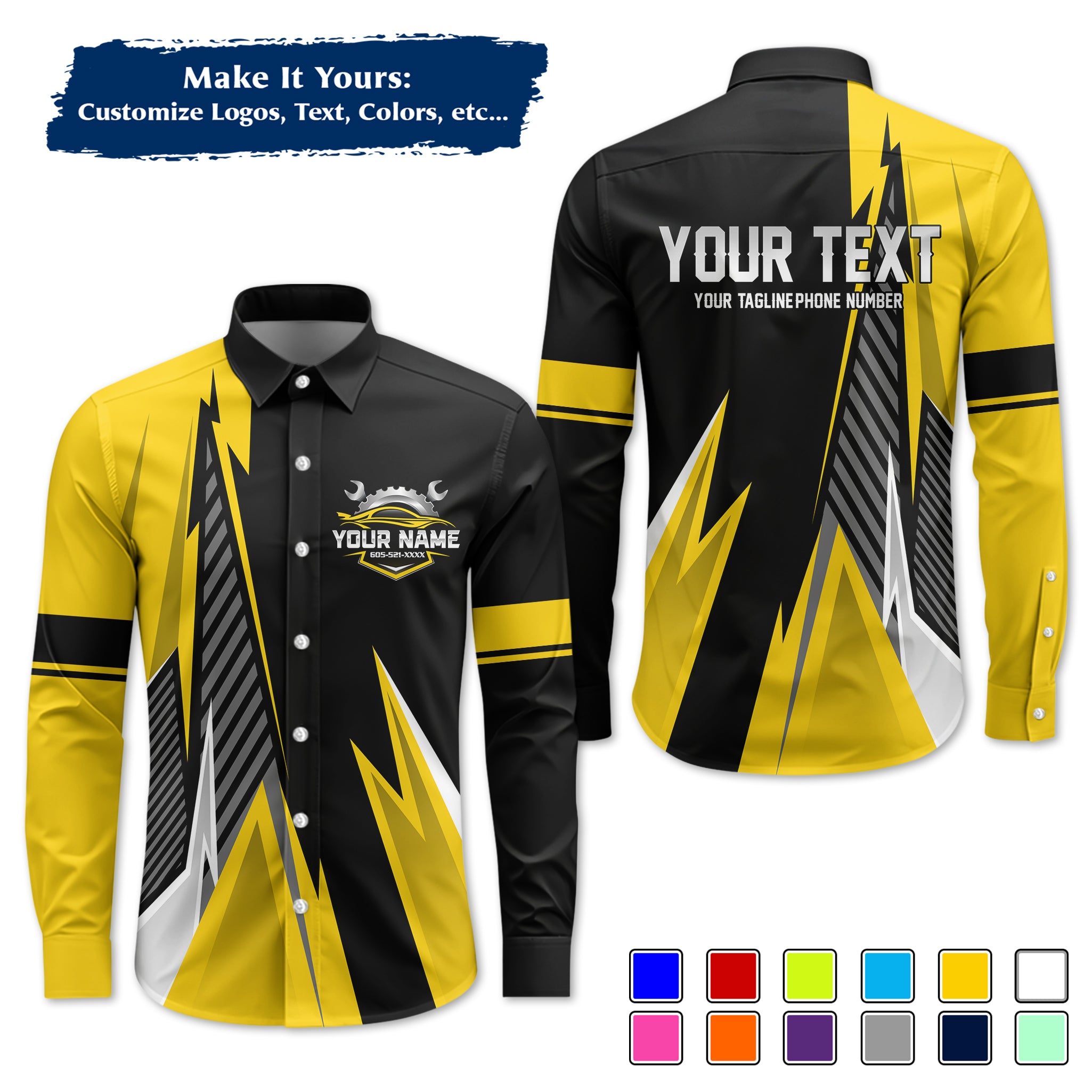 Custom Mechanic Long-Sleeve Work Shirt, Personalized with Your Garage Logo, Name & Phone MCNLS02