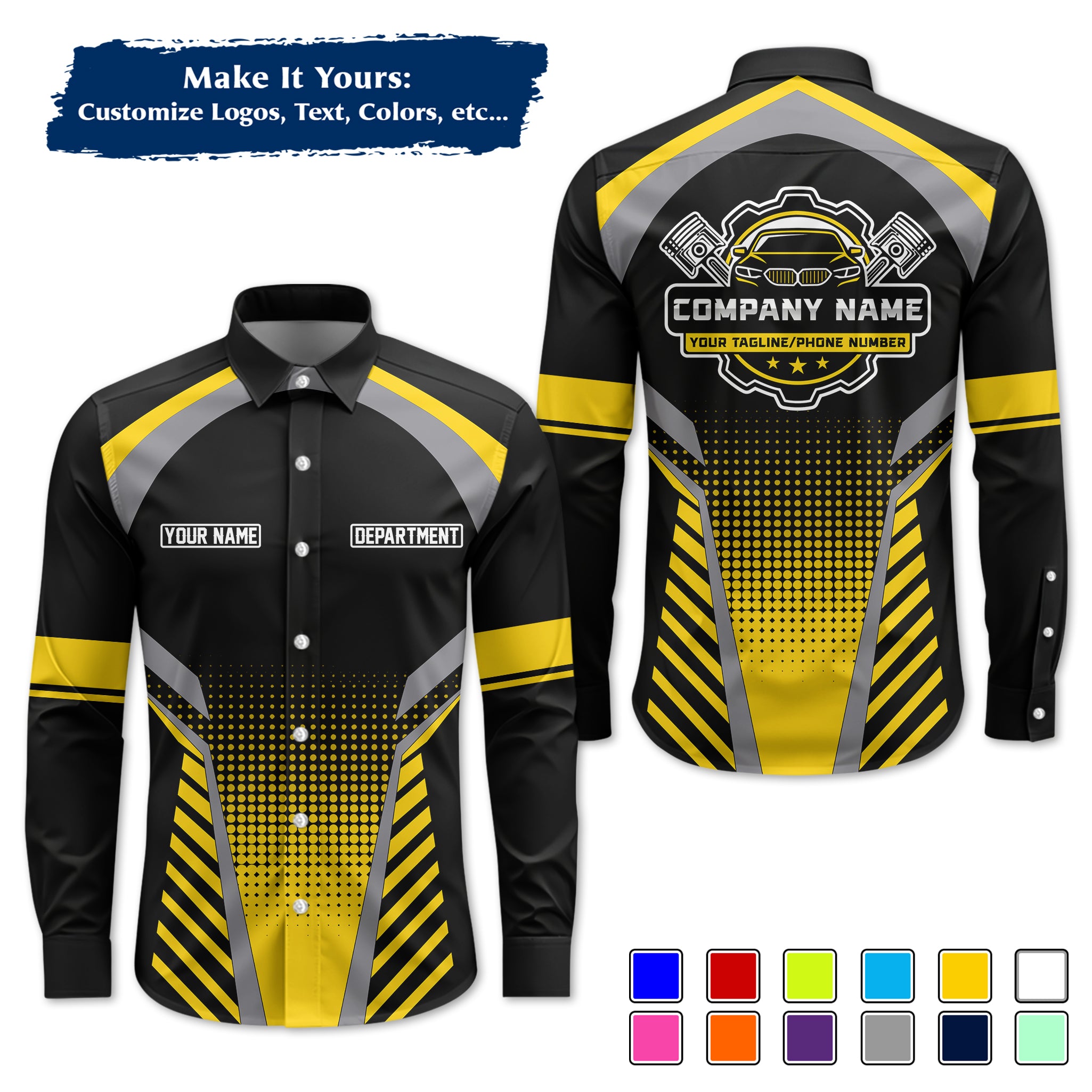 Custom Mechanic Long-Sleeve Work Shirt, Personalized with Your Garage Logo, Name & Phone MCNLS10