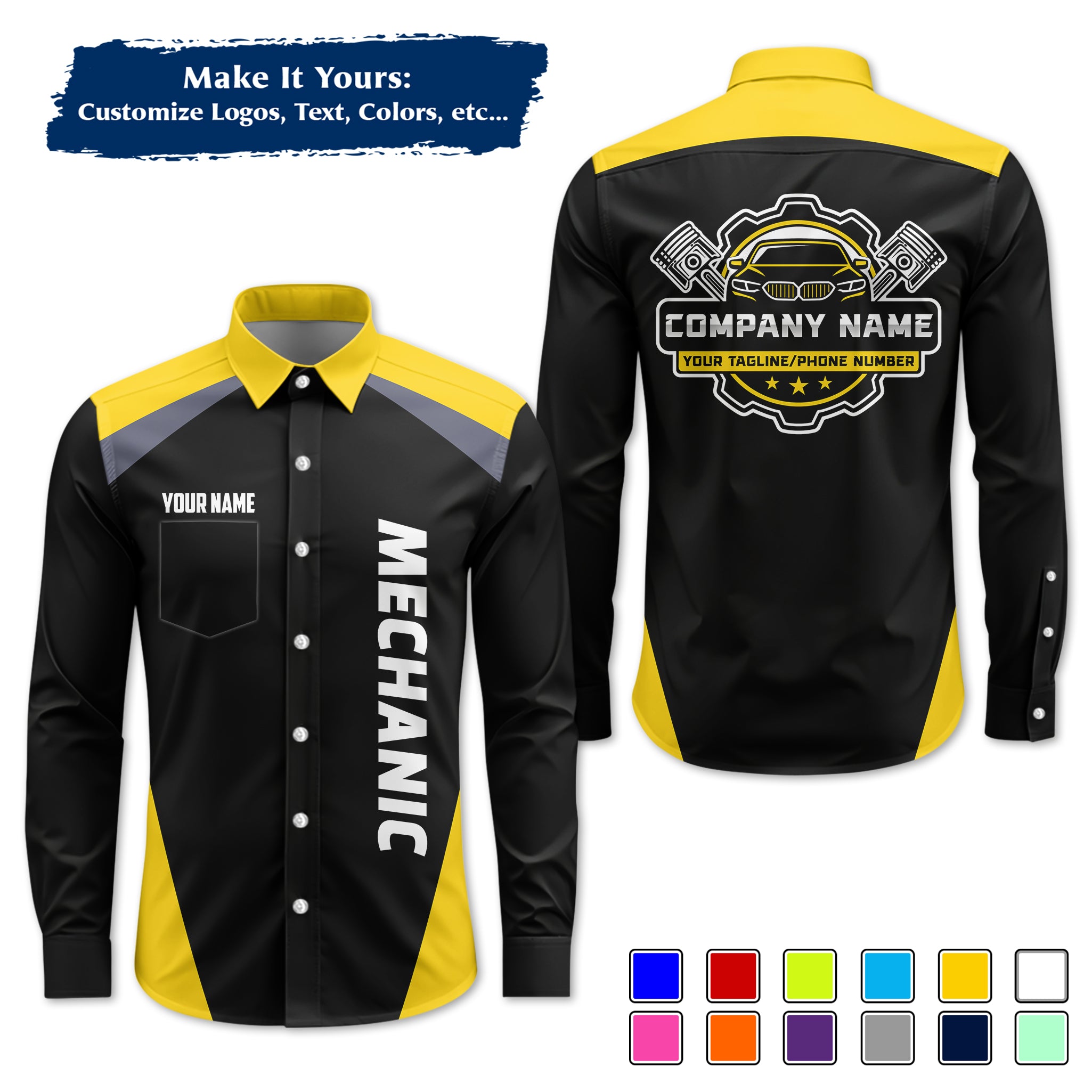 Custom Mechanic Long-Sleeve Work Shirt, Personalized with Your Garage Logo, Name & Phone MCNLS03
