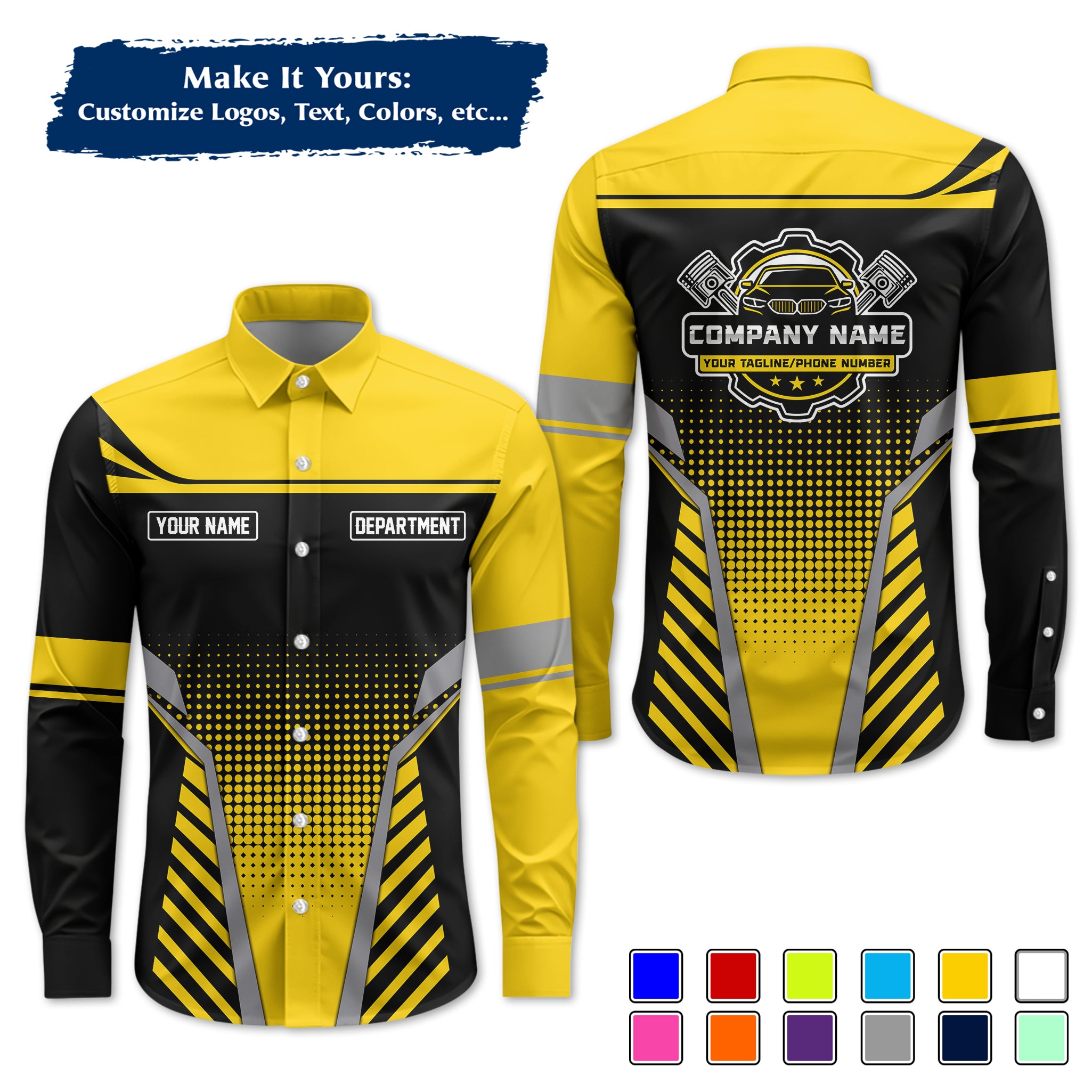 Custom Mechanic Long-Sleeve Work Shirt, Personalized with Your Garage Logo, Name & Phone MCNLS08
