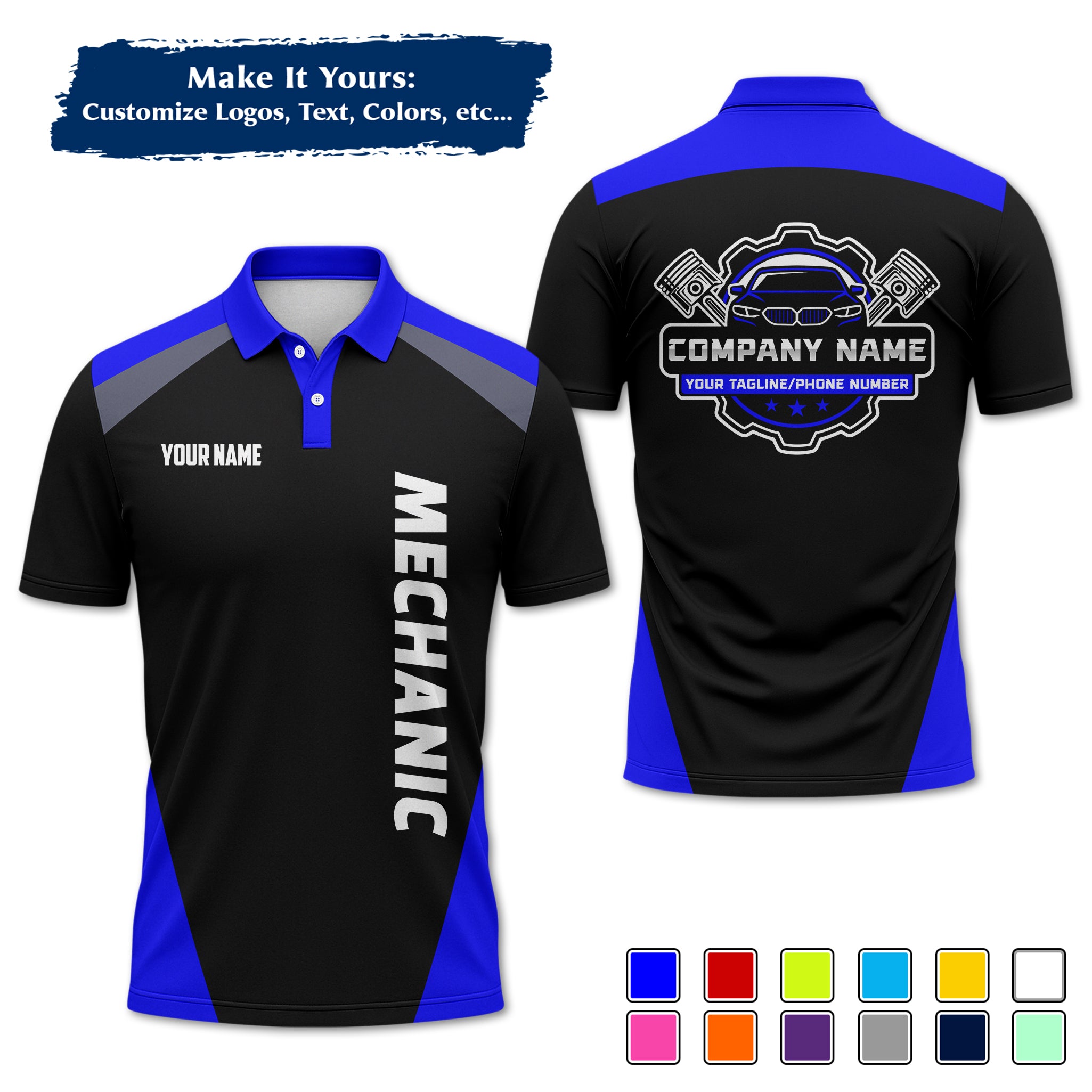 Custom Auto Mechanic Polo Uniform, Garage Logo, Tech Name & Phone MCNPL03