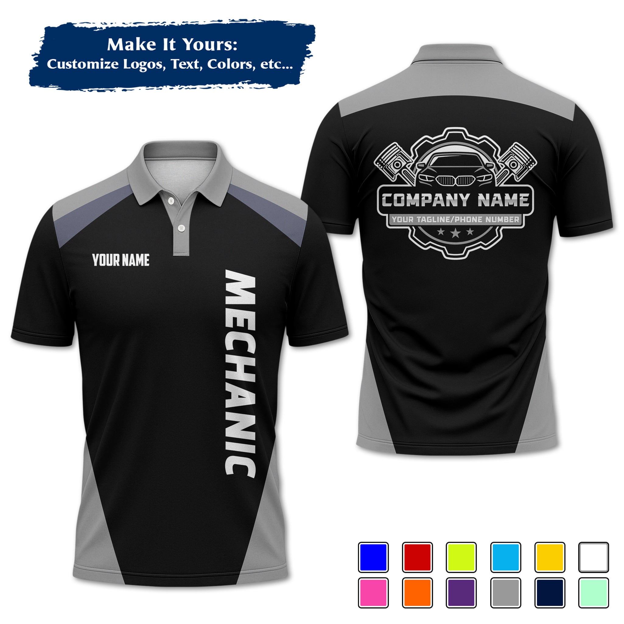 Custom Auto Mechanic Polo Uniform, Garage Logo, Tech Name & Phone MCNPL03