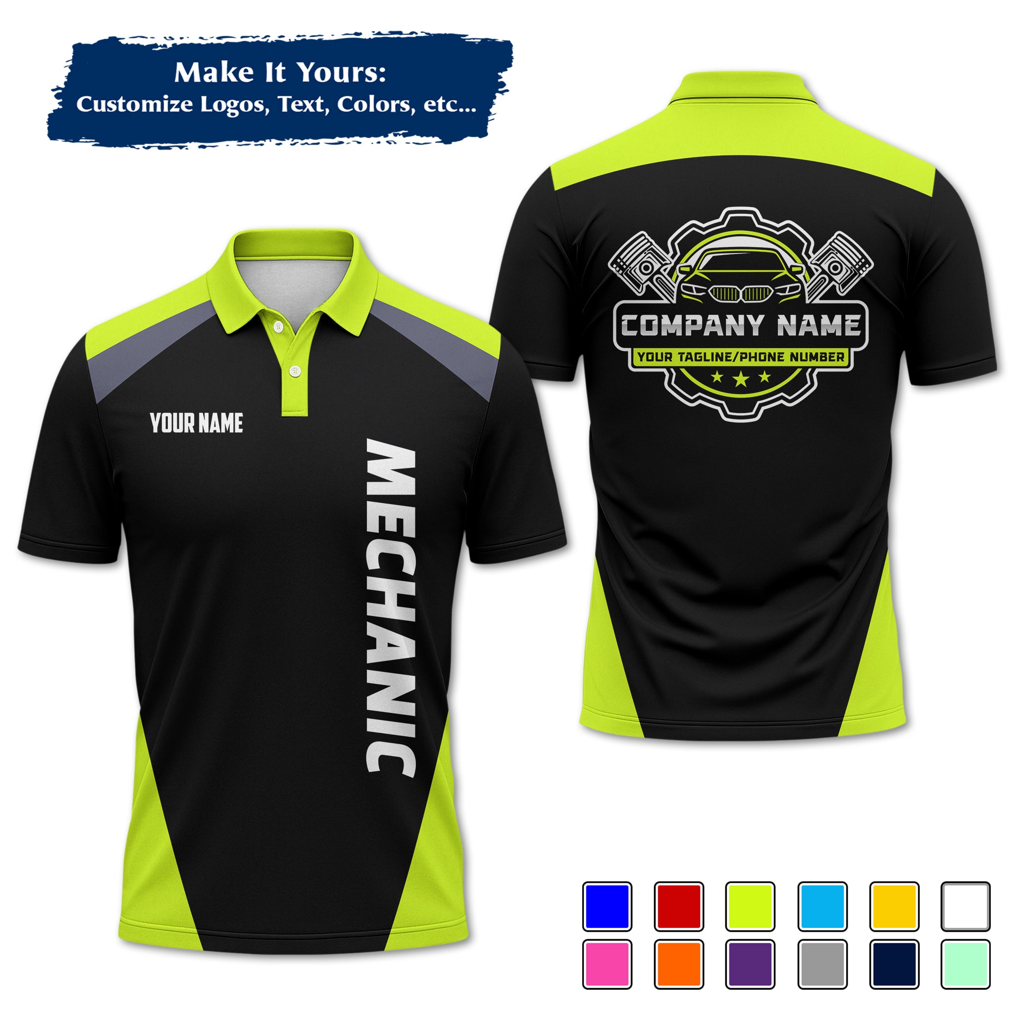 Custom Auto Mechanic Polo Uniform, Garage Logo, Tech Name & Phone MCNPL03
